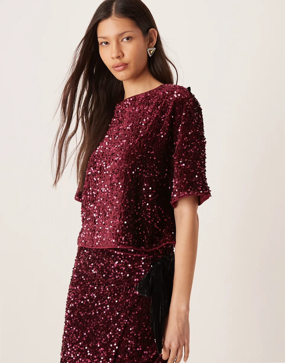 velvet sequin short sleeve tee in burgundy - part of a set