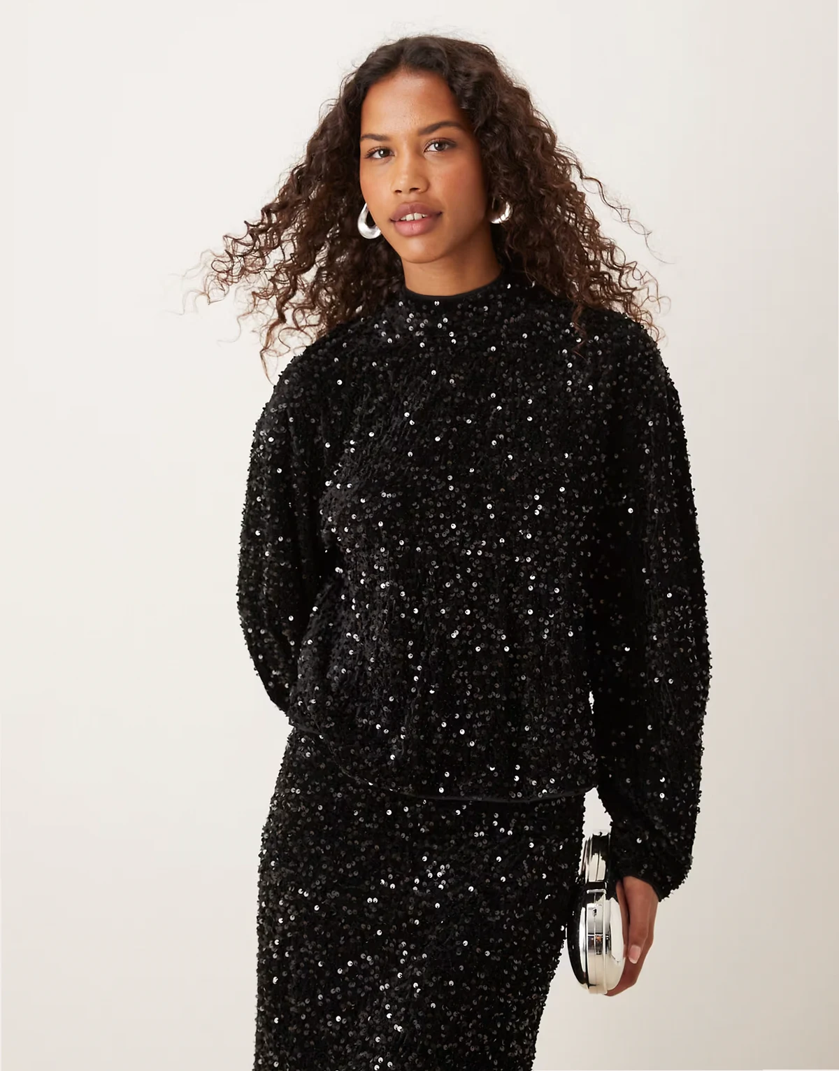 velvet sequin open back long sleeve blouse in black - part of a set