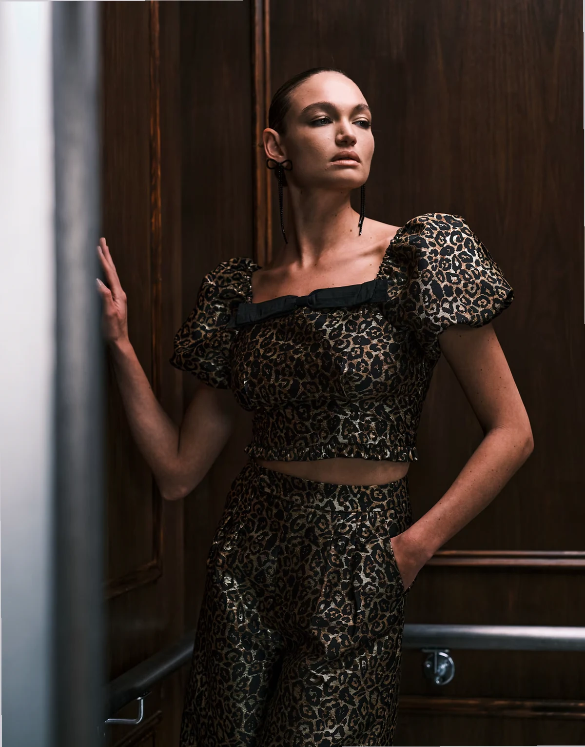 Cherie jacquard puff sleeve top in leopard print - part of a set