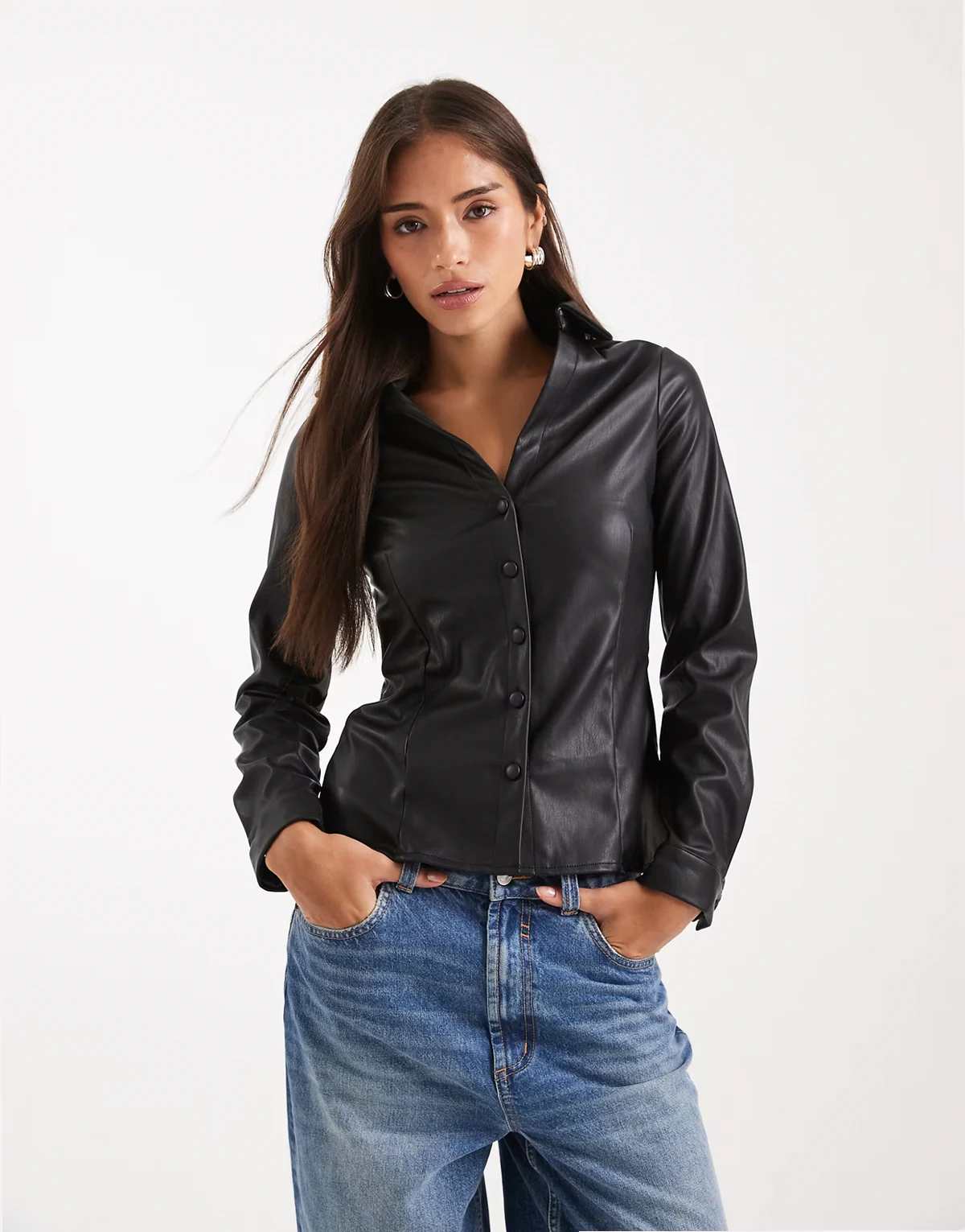 faux leather fitted shirt in black