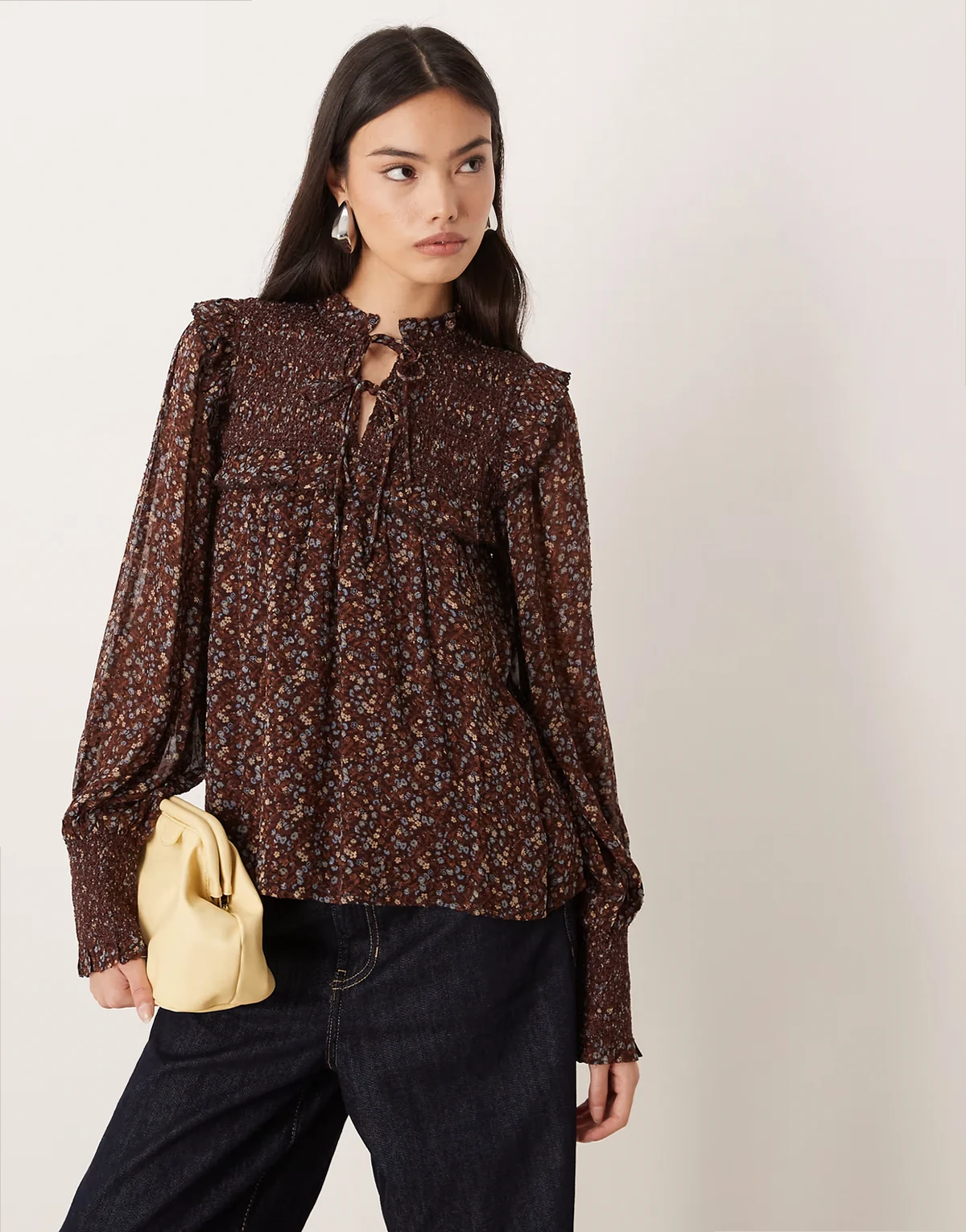 Joan shirred blouse in brown floral