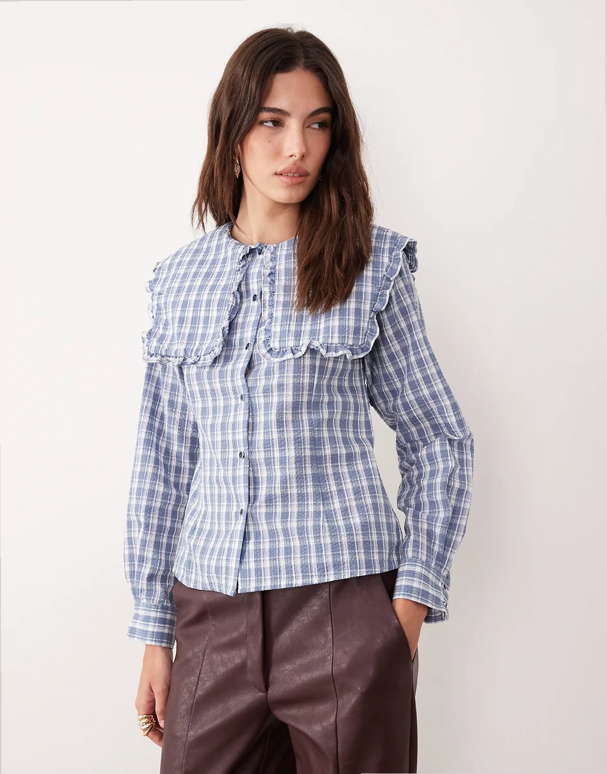 cotton rich oversized collar blouse in blue plaid
