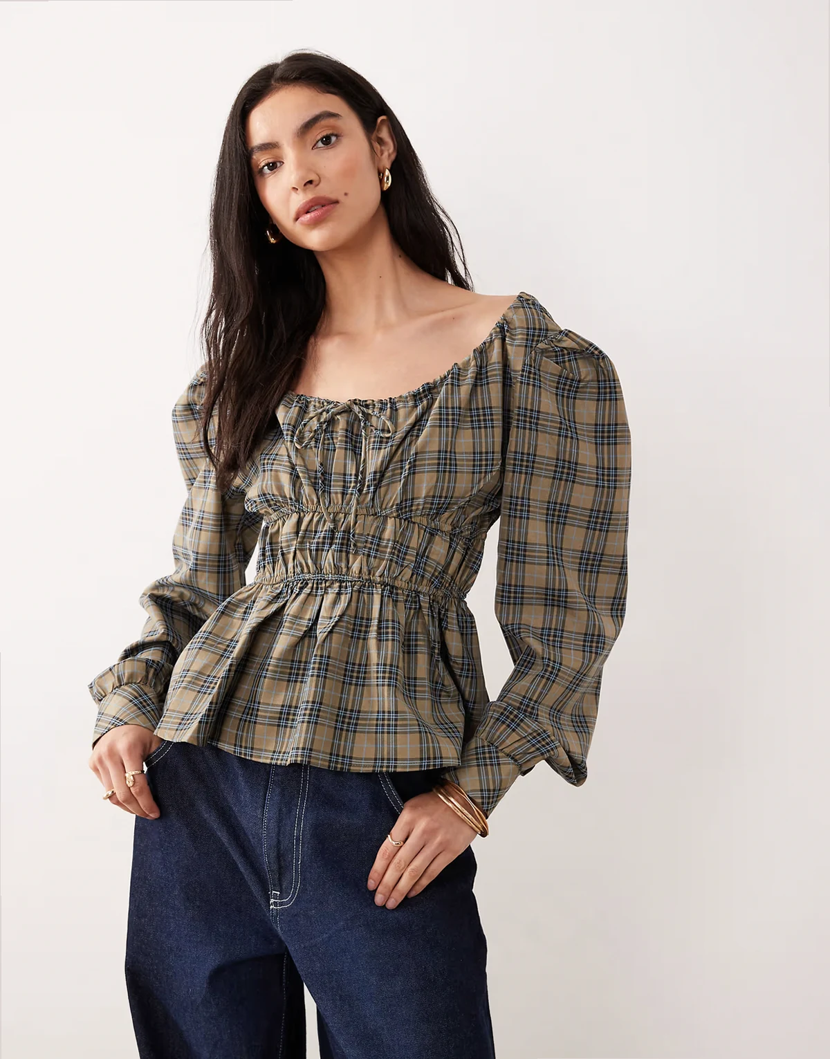 long sleeve shirred waist blouse in green navy plaid