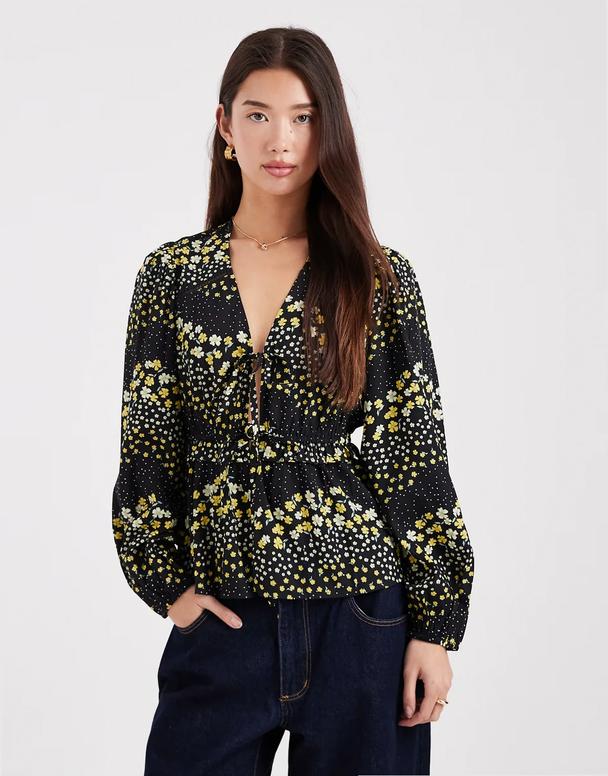 – Langärmlige Bluse aus fließendem Material in gelb geblümt