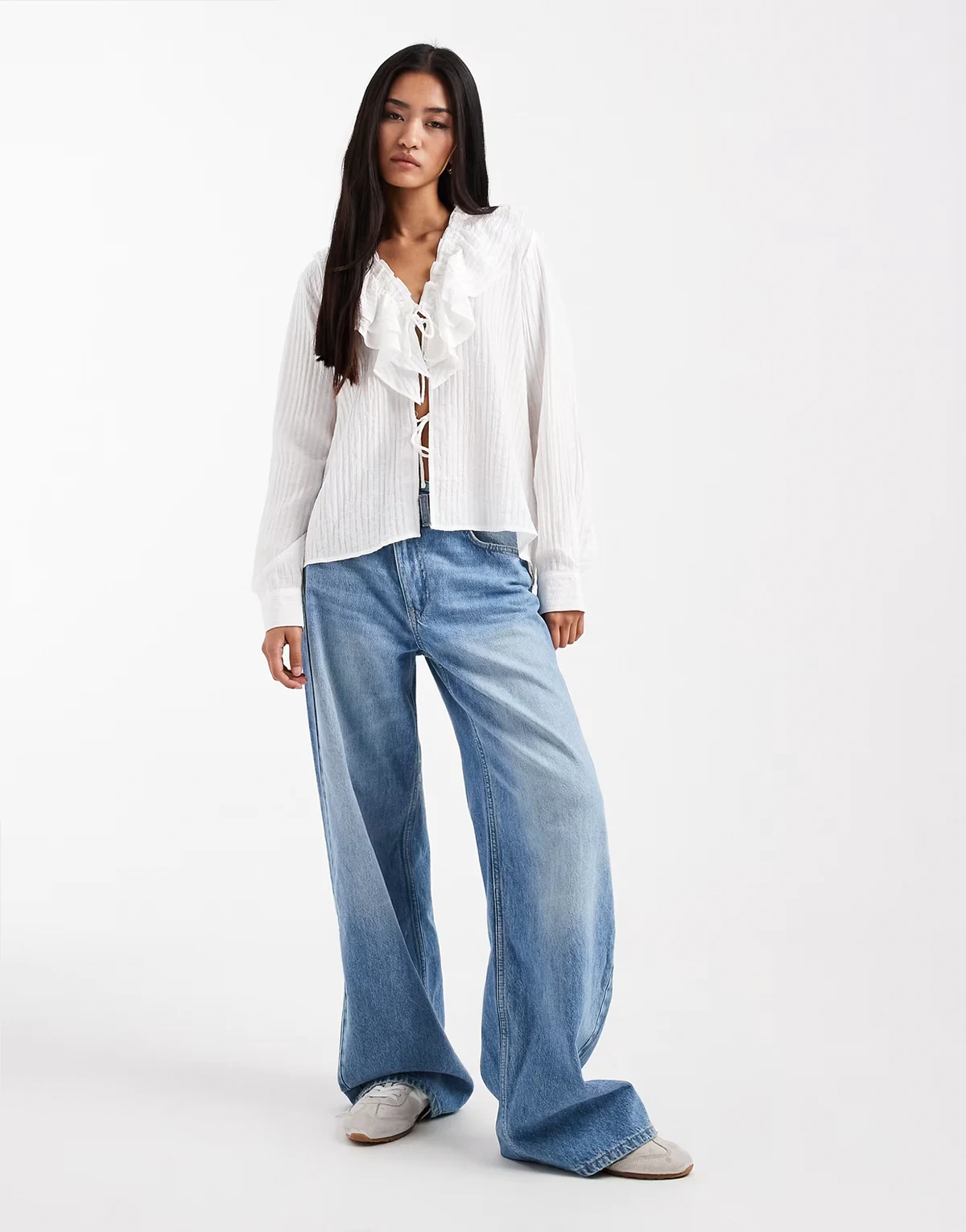 tie front ruffle neck boho blouse in white