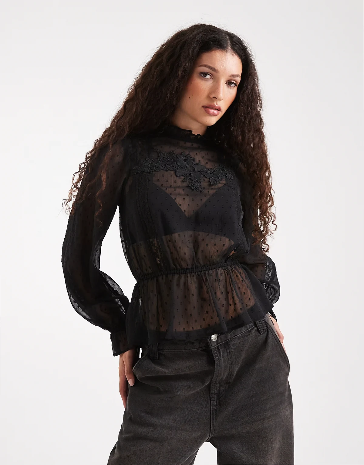 chiffon embroidered victoriana blouse in black