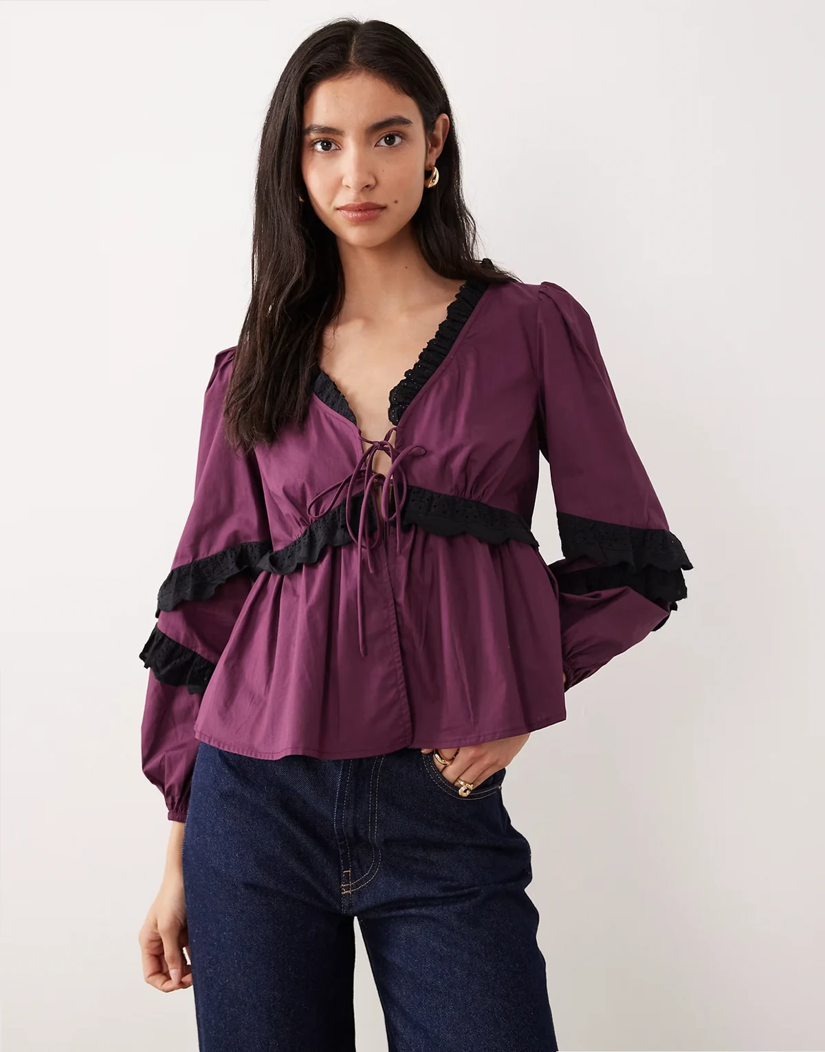 boho ruffle eyelet long sleeve blouse in deep purple