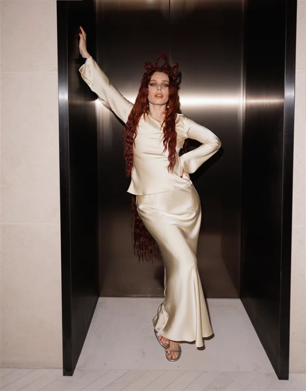 long sleeve cowl detailing top in buttermilk