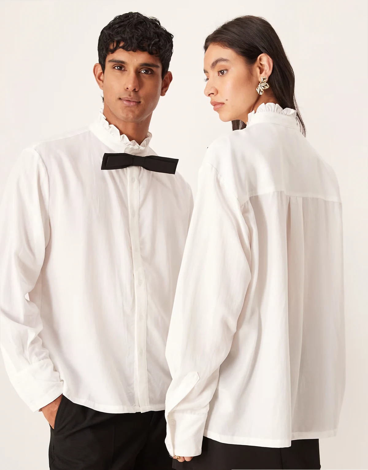 Unisex Duke ruffle collar long sleeve shirt in white with contrast black bow tie