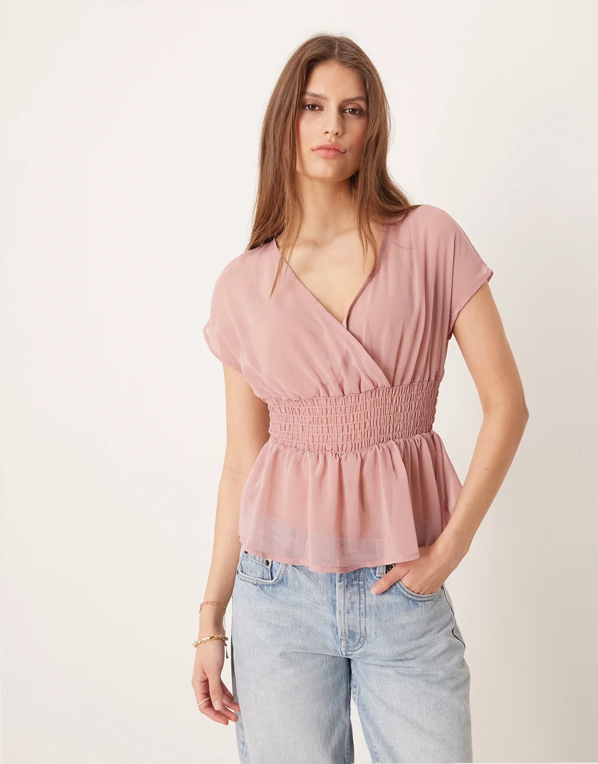 v-neck chiffon angel sleeves blouse in pink blush