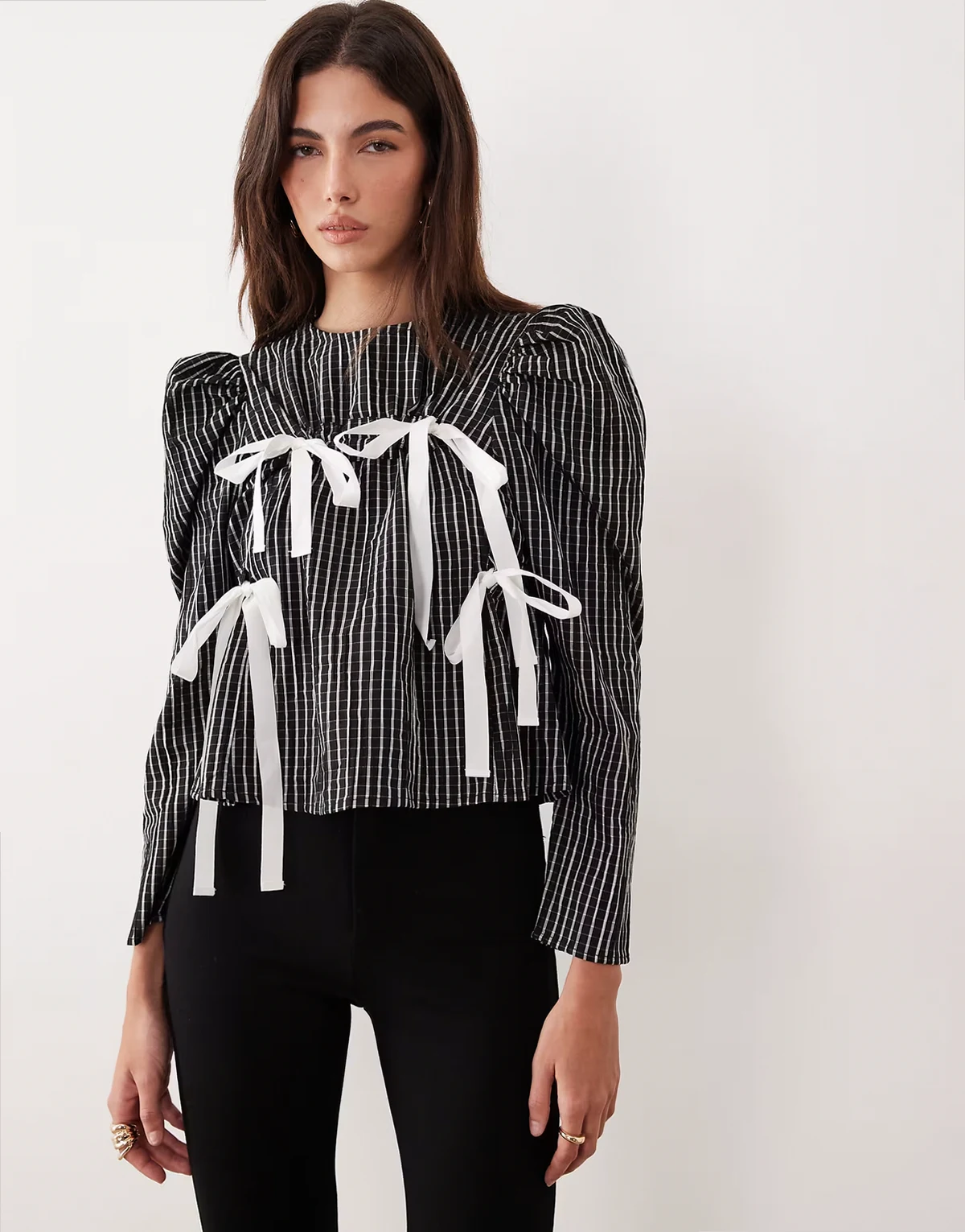 cotton rich ruched bow detail top in black plaid