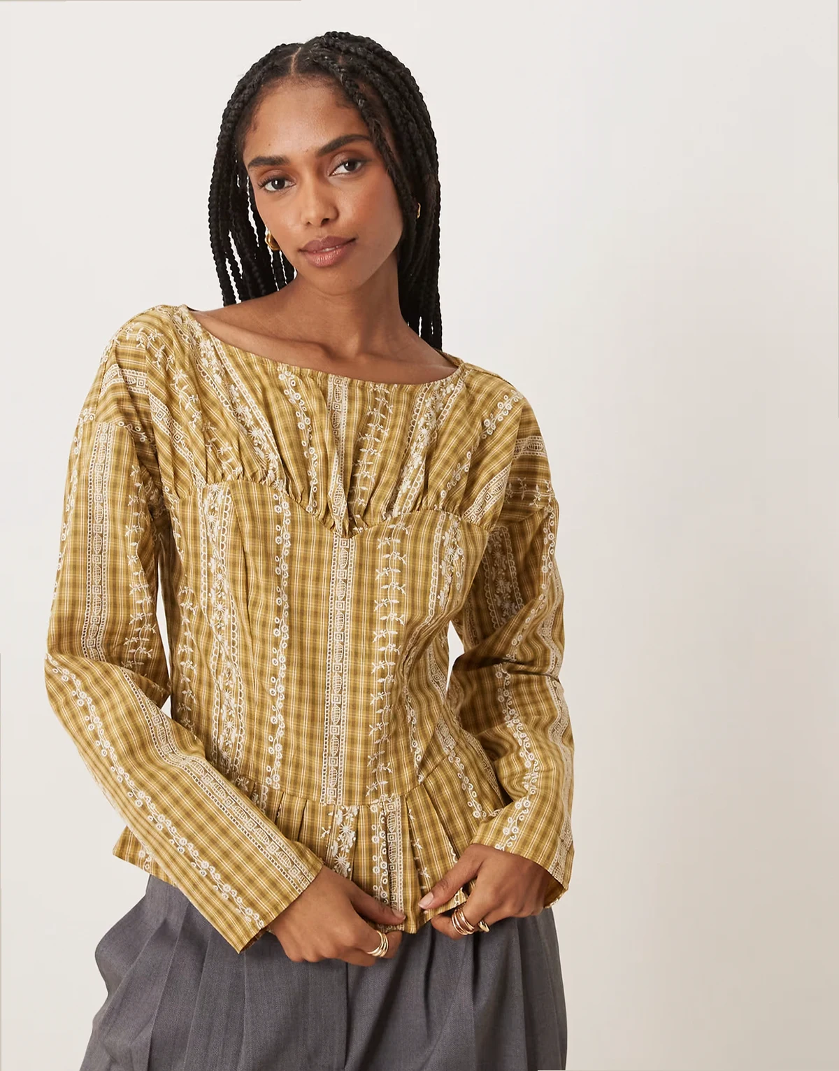 cinched waist blouse in yellow check