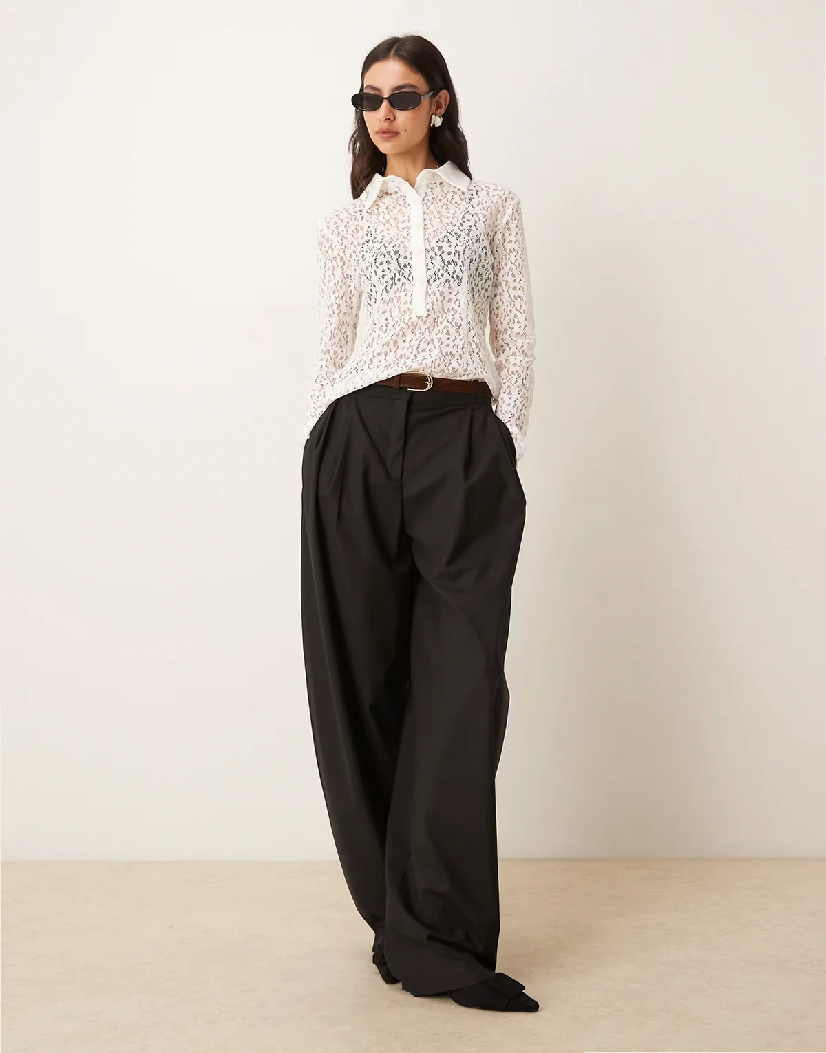 cotton blend open knit lace button up scallop edge shirt in ivory