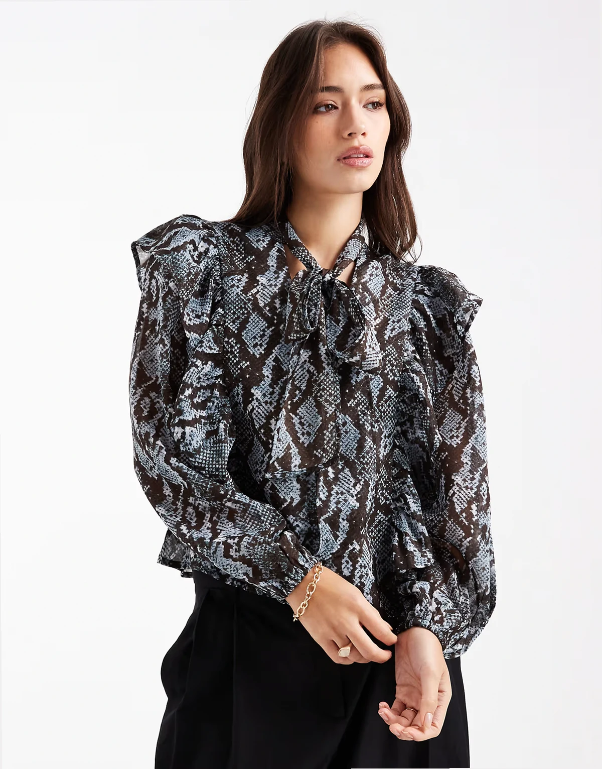 chiffon ruffle blouse with scarf in blue snake print