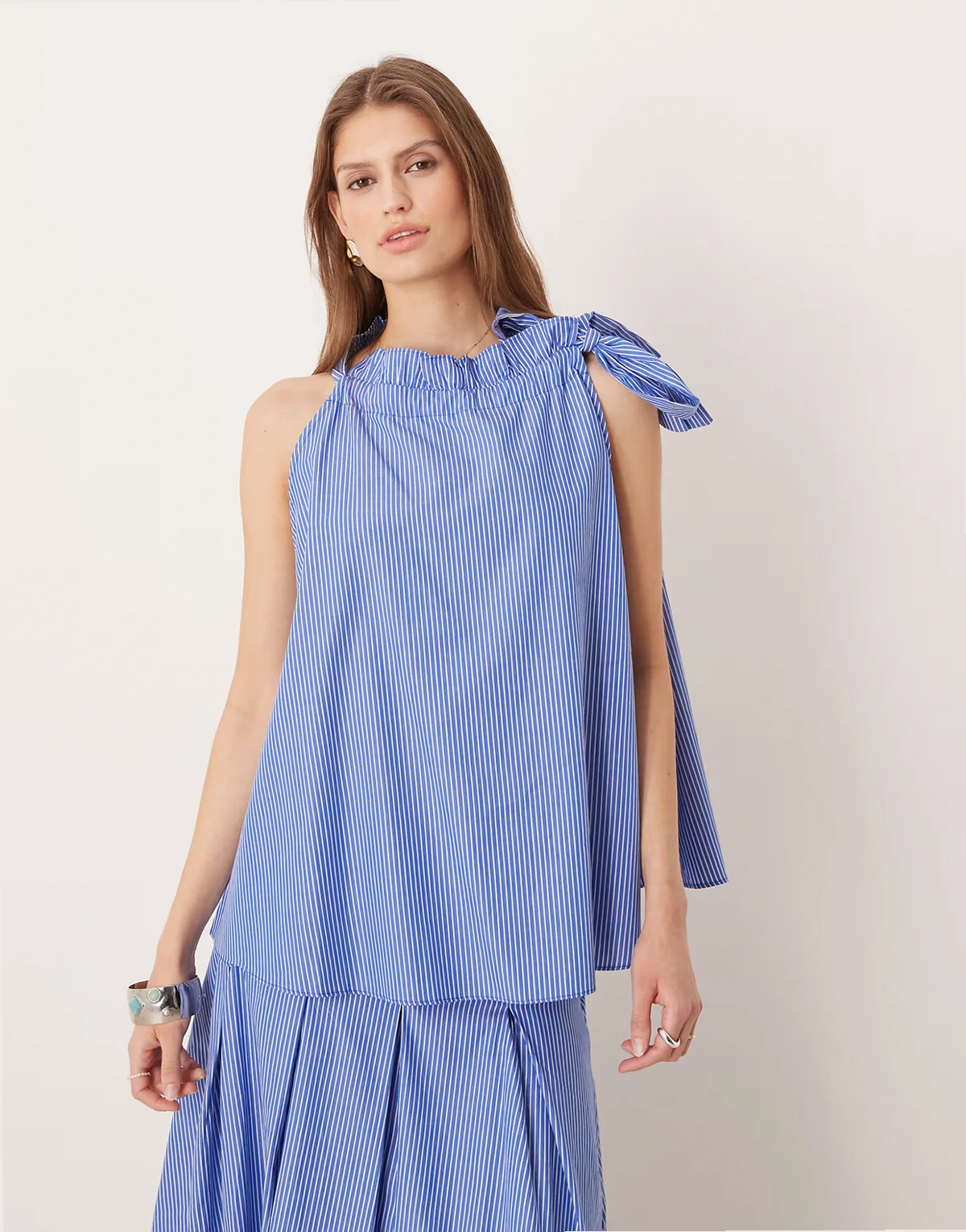 ruffle halterneck smock top in blue and white stripes - part of a set