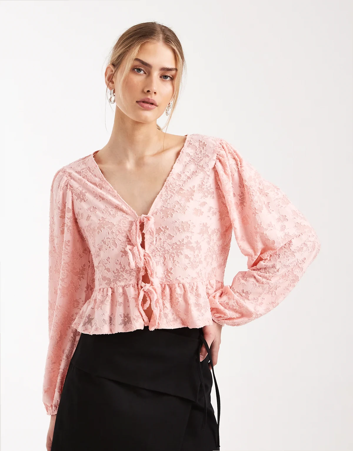 tie front long sleeve top in burnout in pink