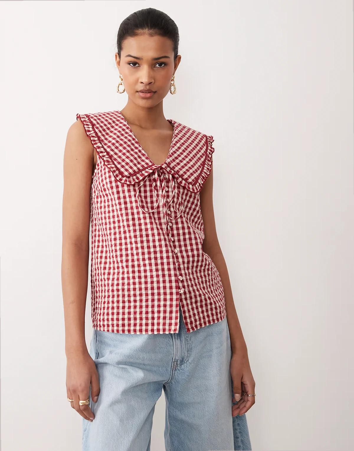 Blair gingham blouse with ruffle collar in red