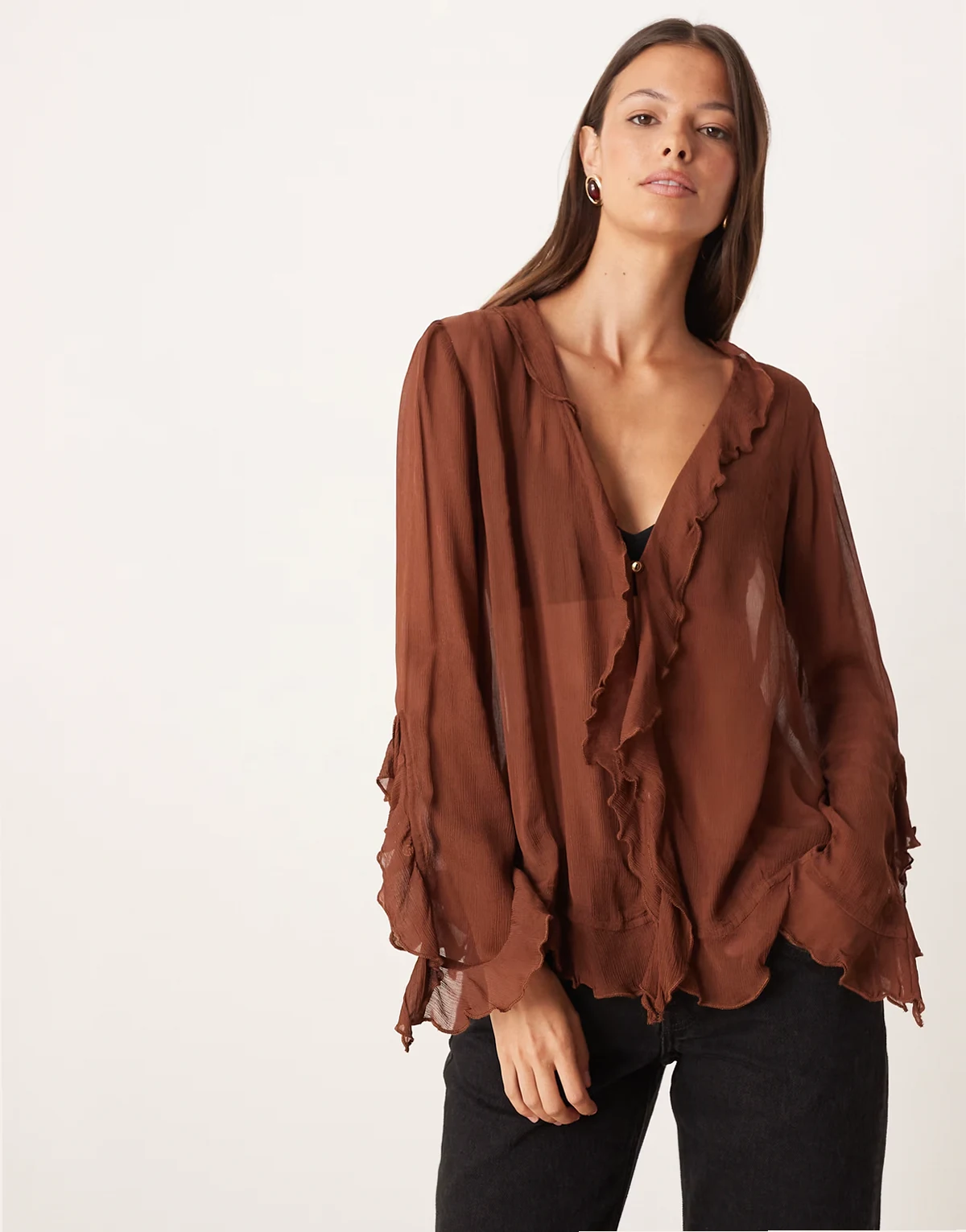 bali tulula chiffon ruffle boho blouse in umber
