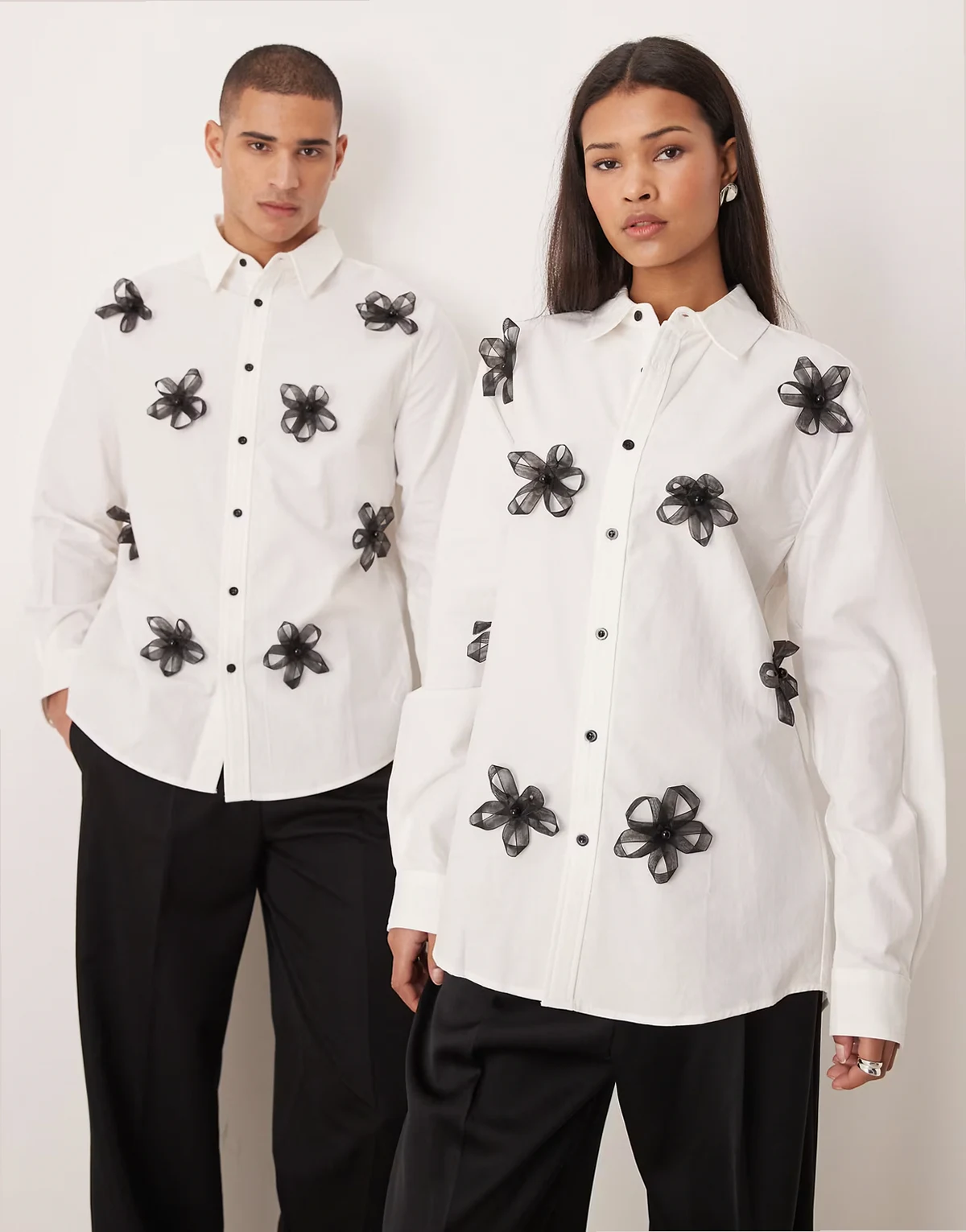 Unisex Flora Penny cotton blend button up floral appliqué shirt in white