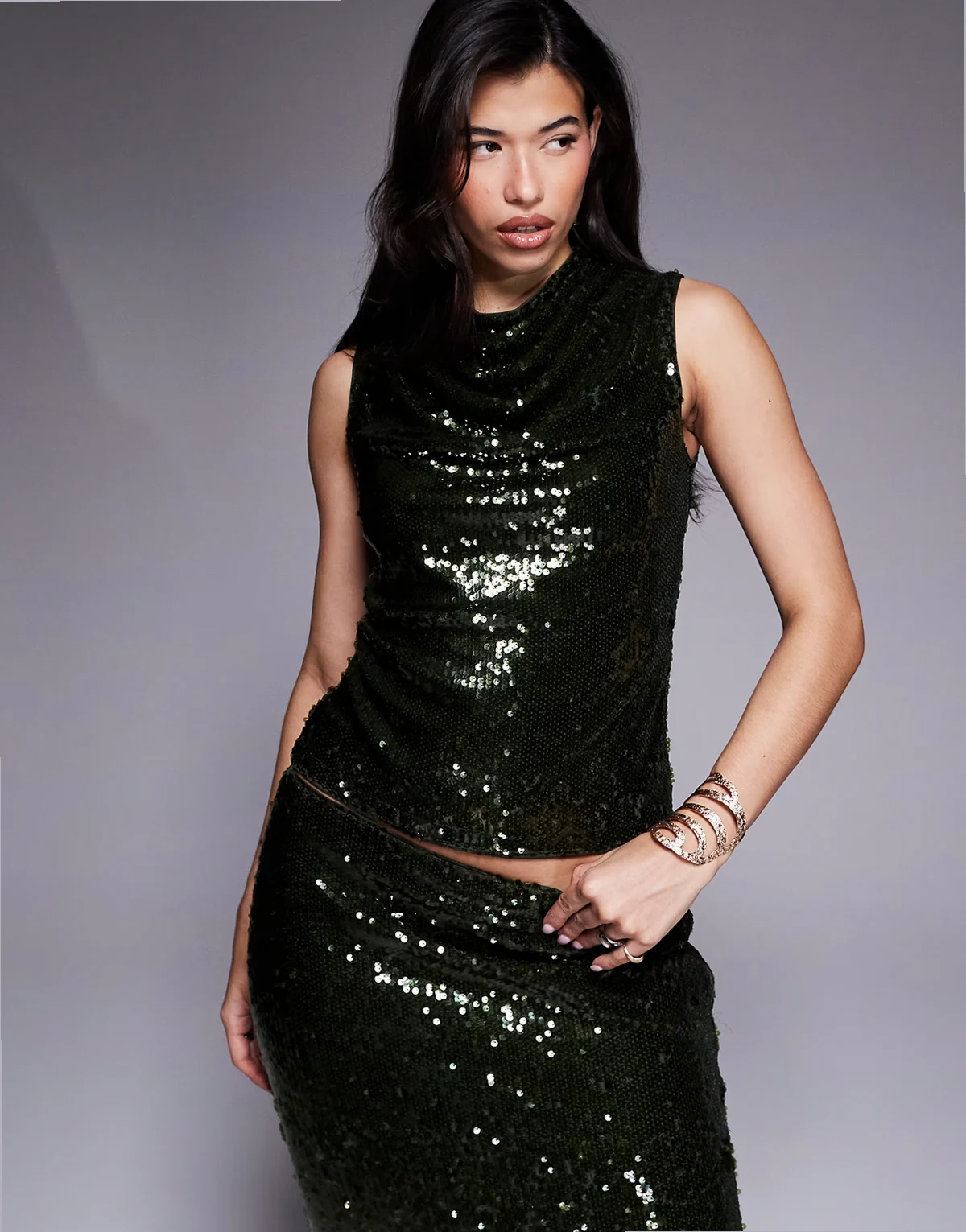 sheer sequin cowl neck top set in olive