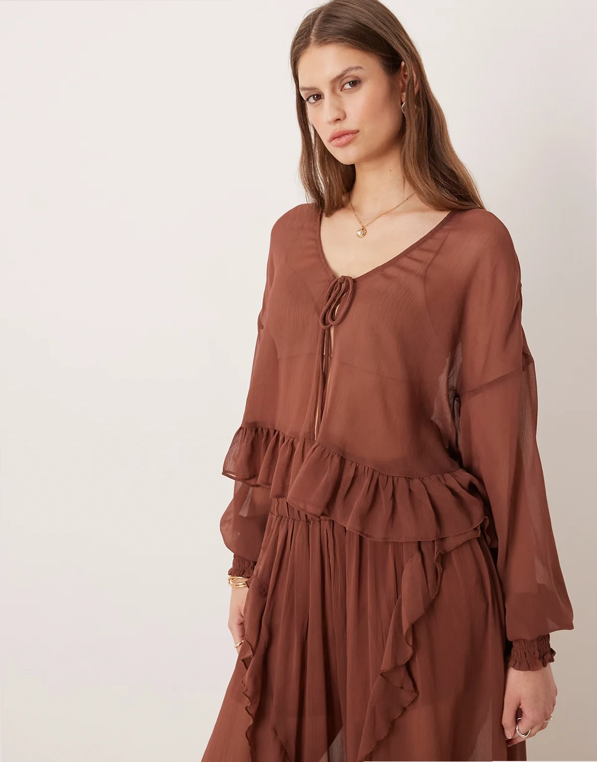 boho crinkle style tie front blouse in brown - part of a set