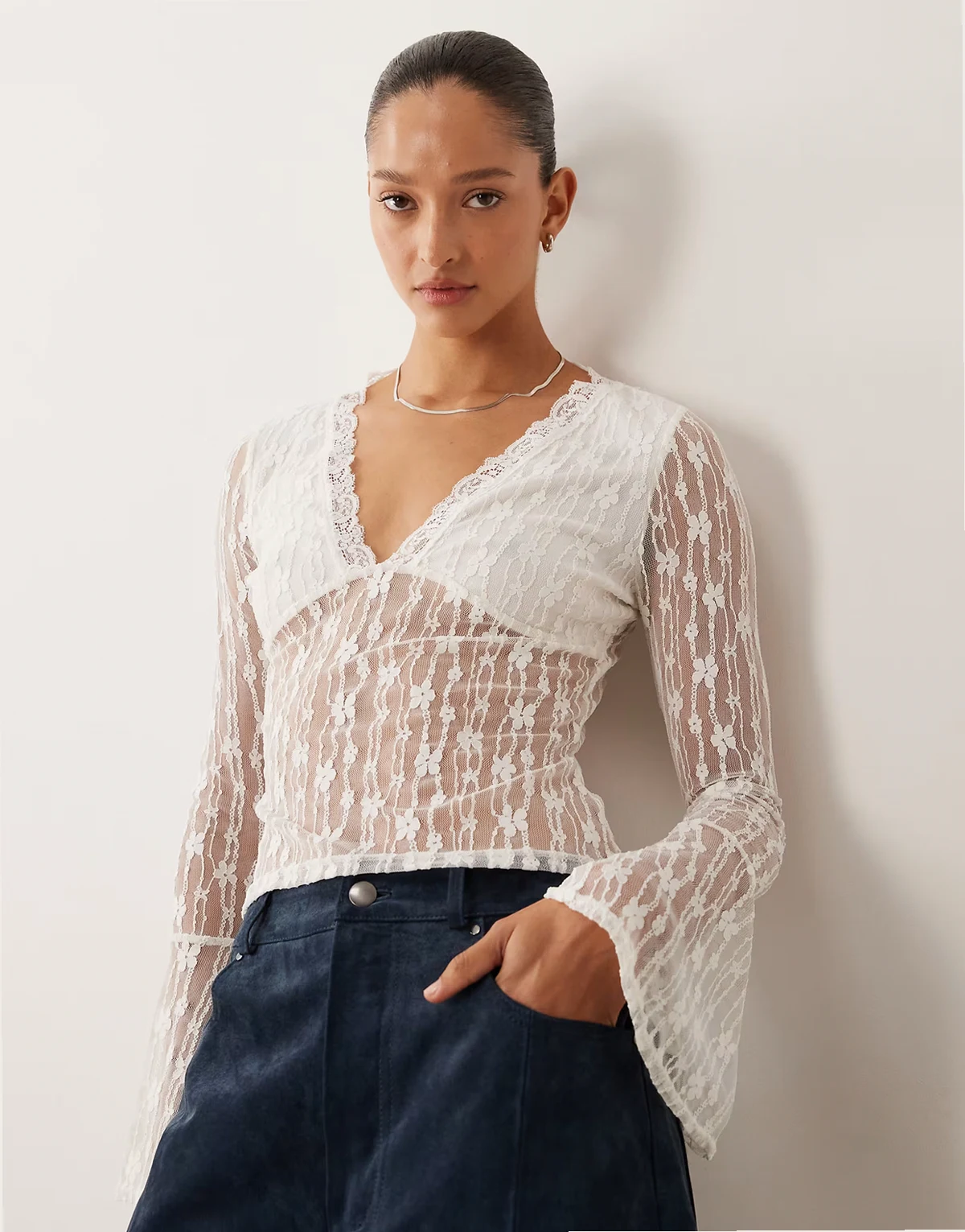 v-front lace top with ruffle sleeves in cream