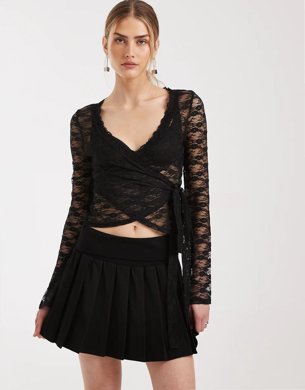 wrap front lace top in black