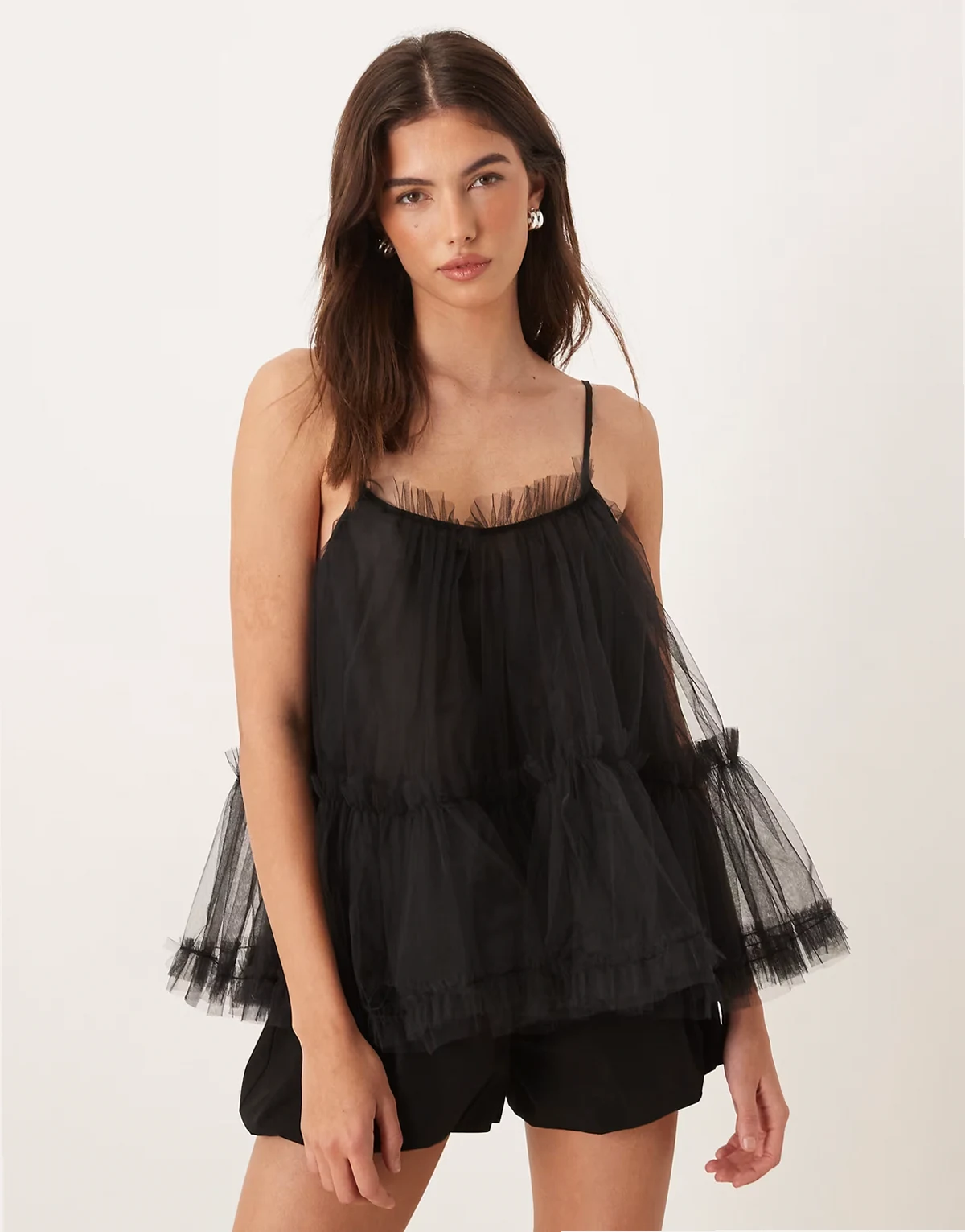 tulle cami babydoll top in black