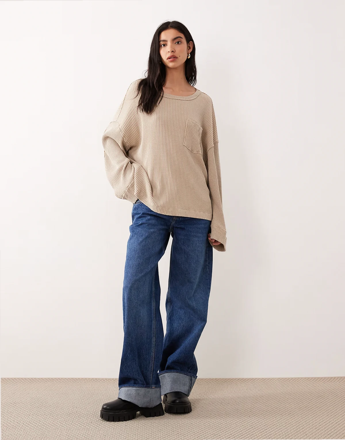 dawson pocket detail waffle knit top in smooth stone