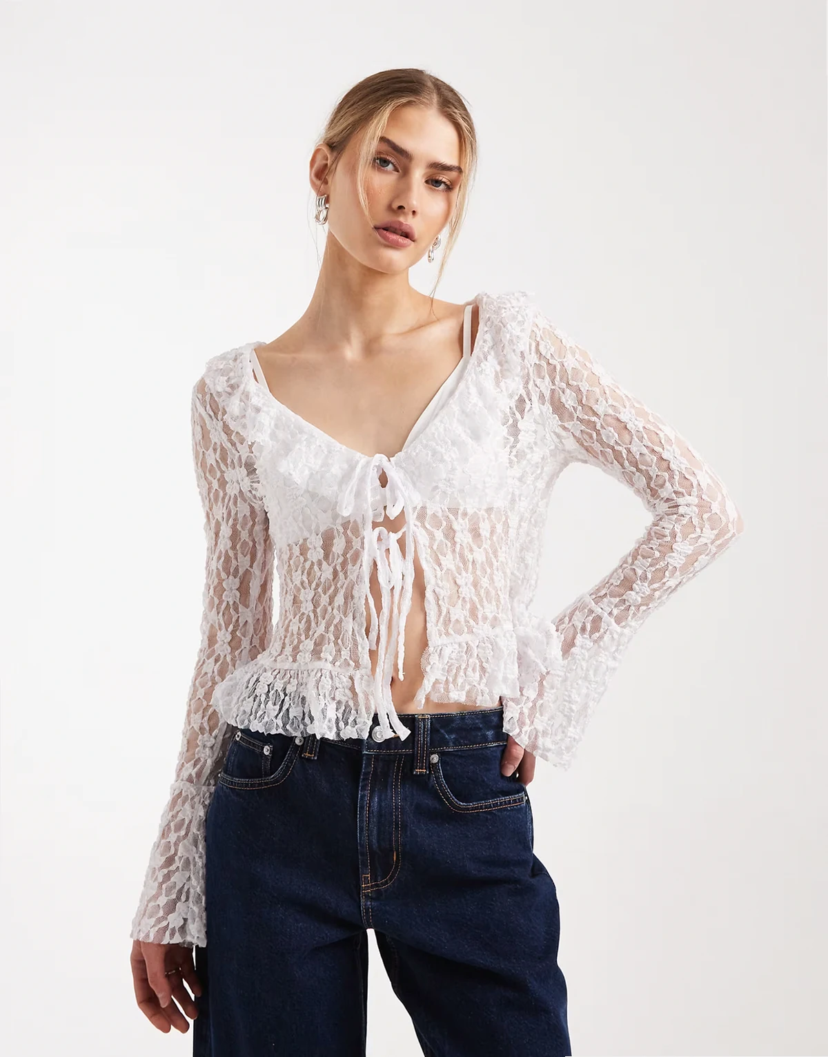ruffle tie front top in cream lace