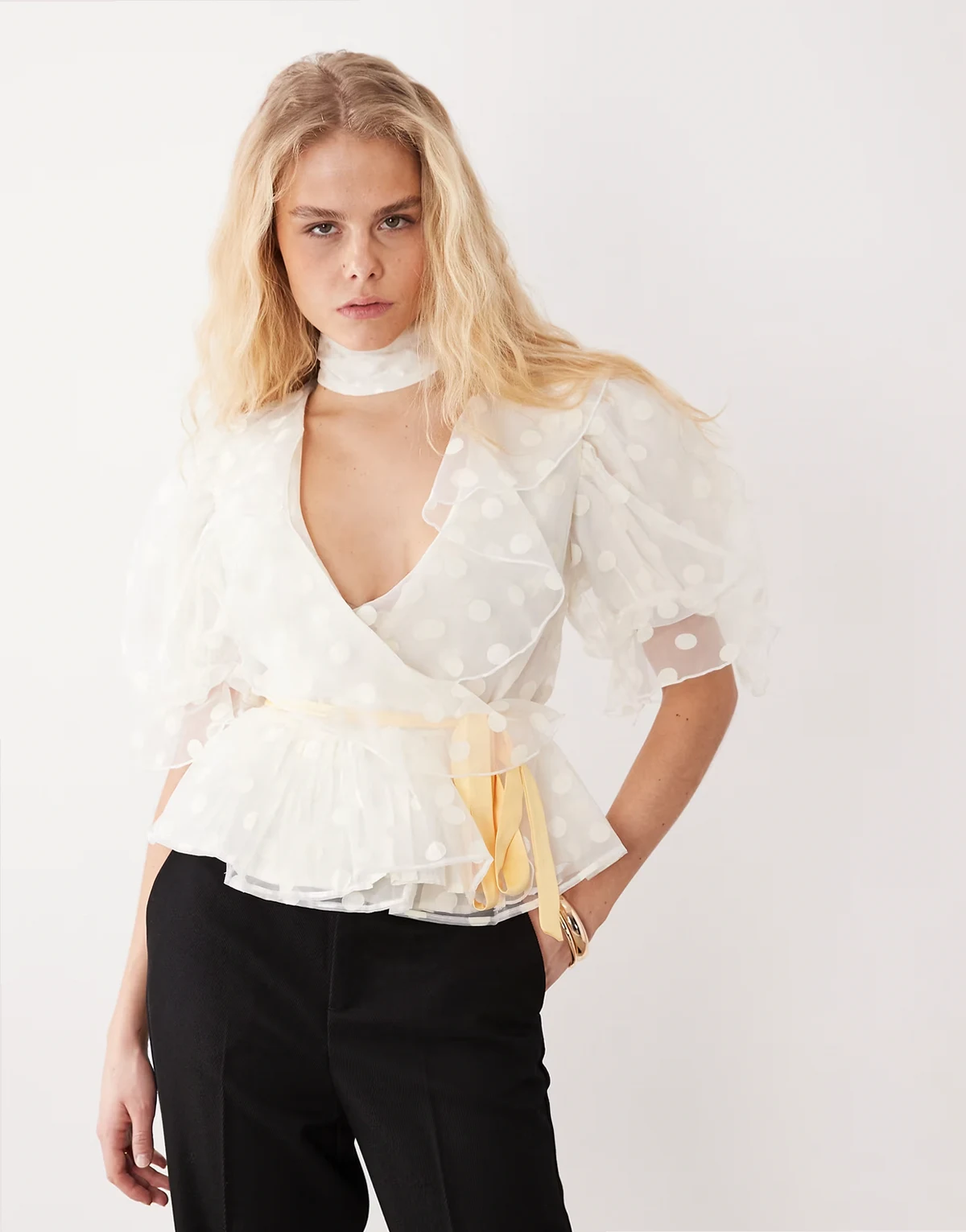 Dream Sister Jane cotton blend polka dot organza puff sleeve wrap top in ivory