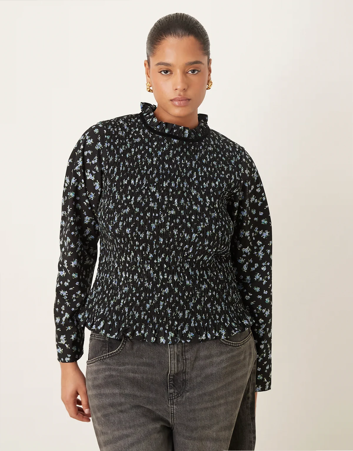 ASOS DESIGN Curve long sleeve smocked top with open back in floral print