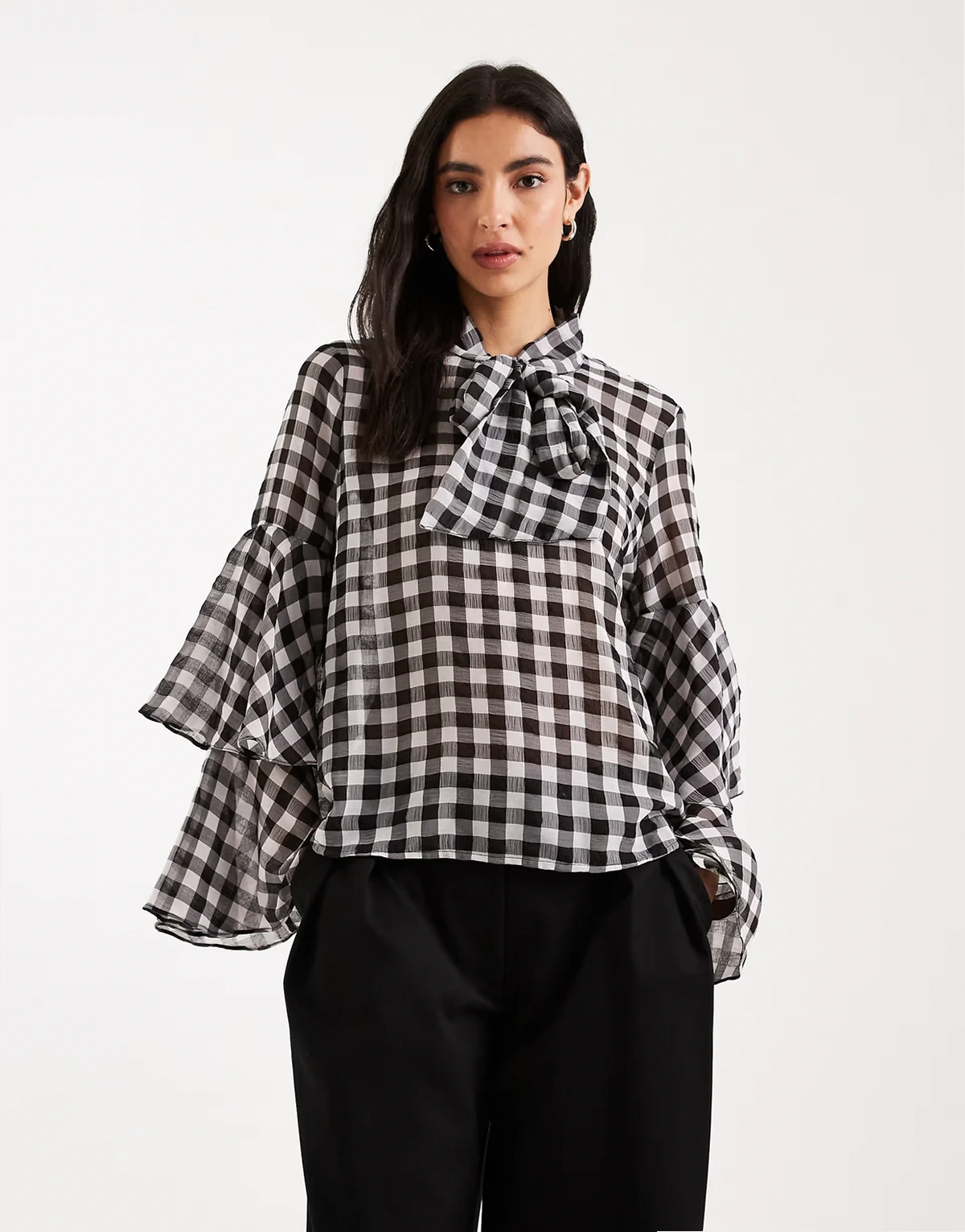 tie neck gingham blouse with tiered cuffs in black and white