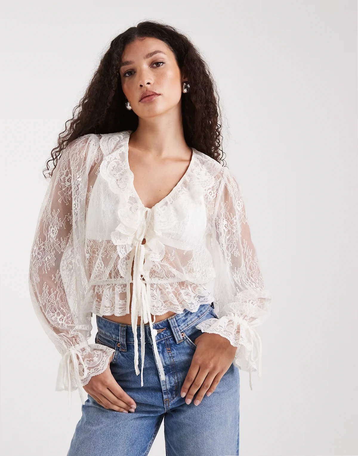 lace tie front ruffle blouse in ecru