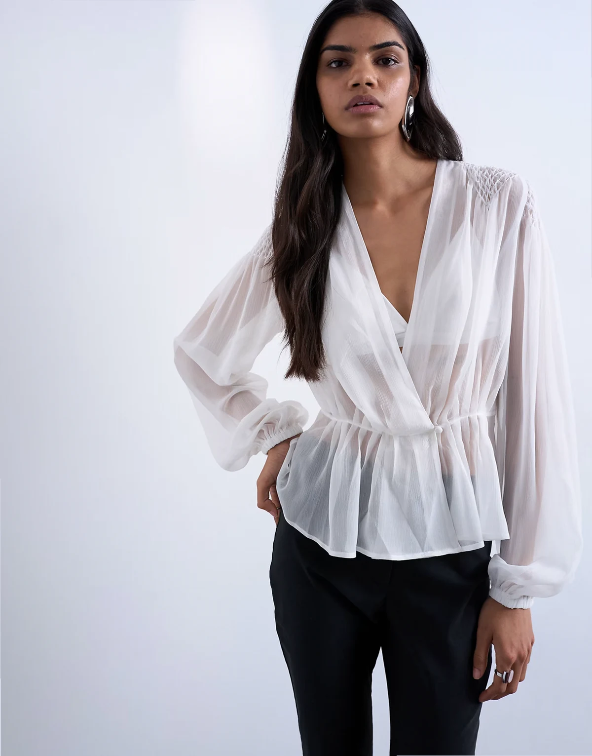 chiffon sheer panel long sleeve blouse in ivory