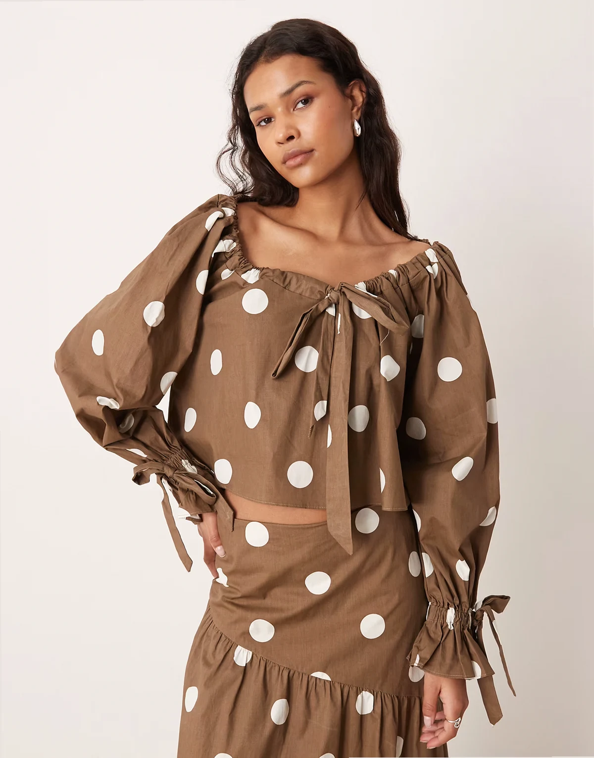 round neck slouchy blouse with ties in brown polka dot - part of a set