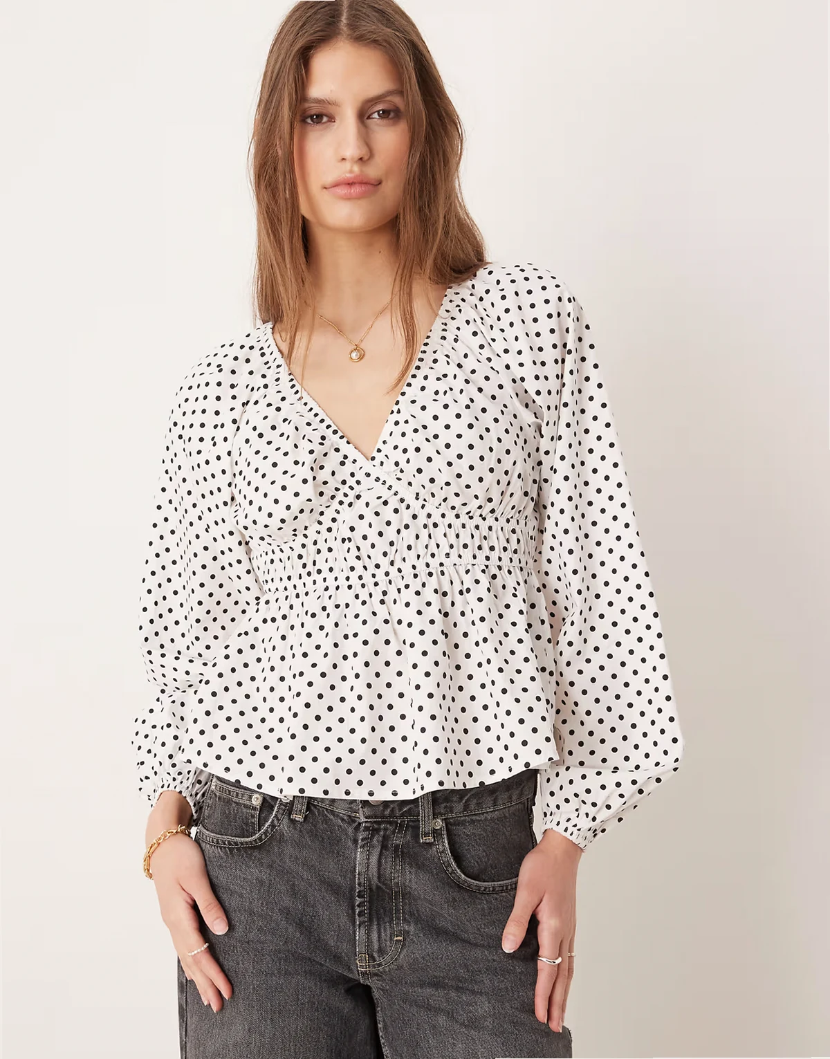 balloon sleeve blouse in polka dots