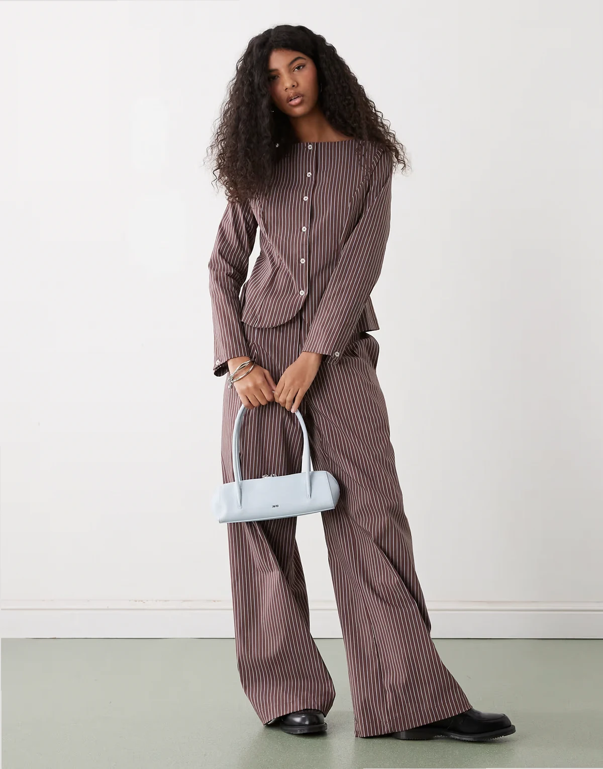 tailored top with button down front in brown pinstripe