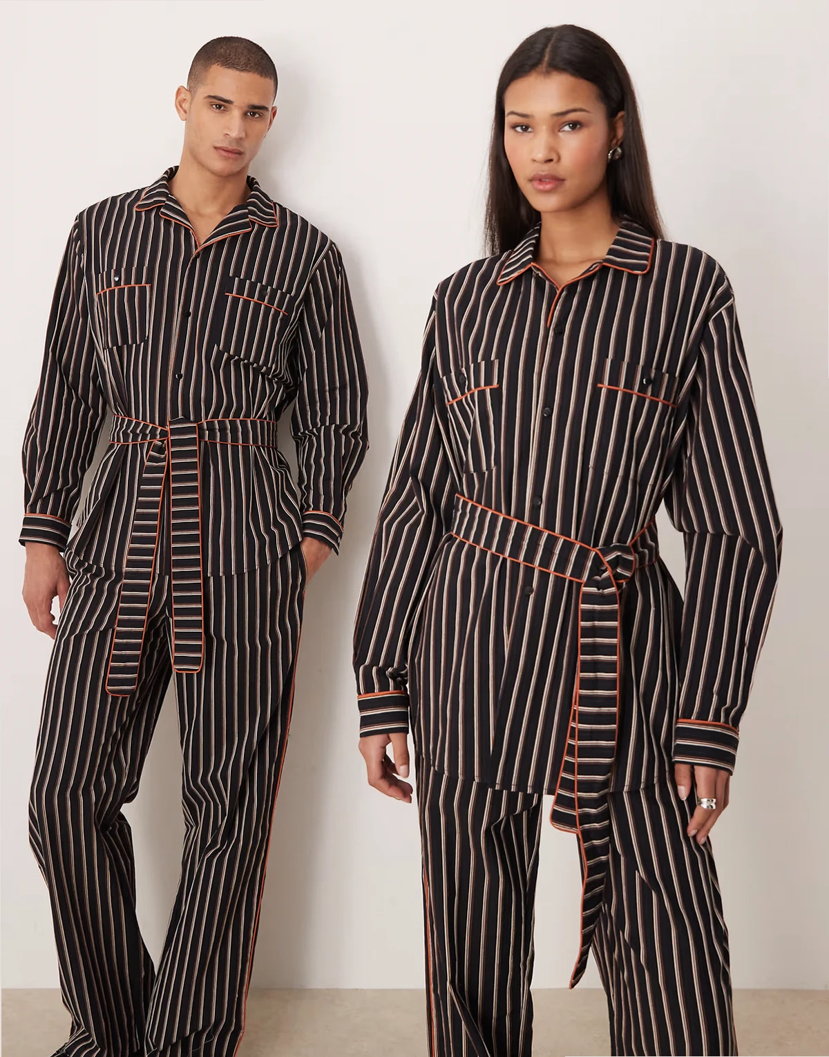 Unisex Wisp pure cotton contrast piping tie waist shirt in navy and black stripes - part of a set
