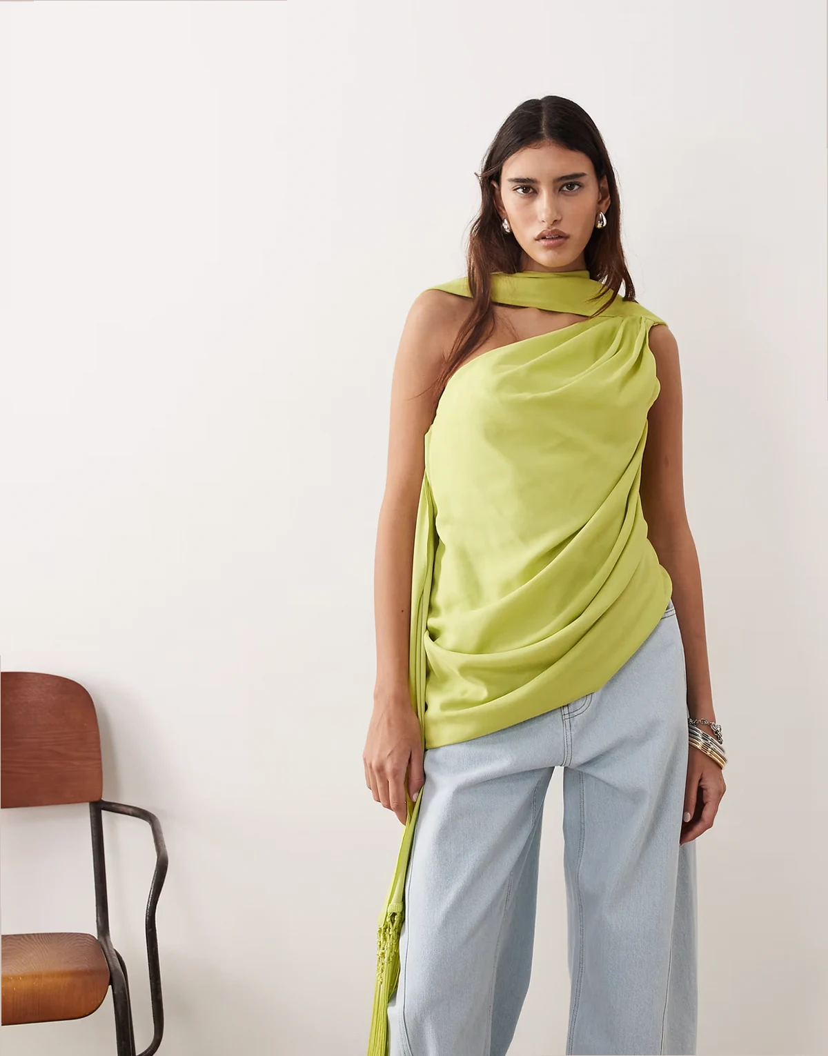 scarf neck draped top in lime