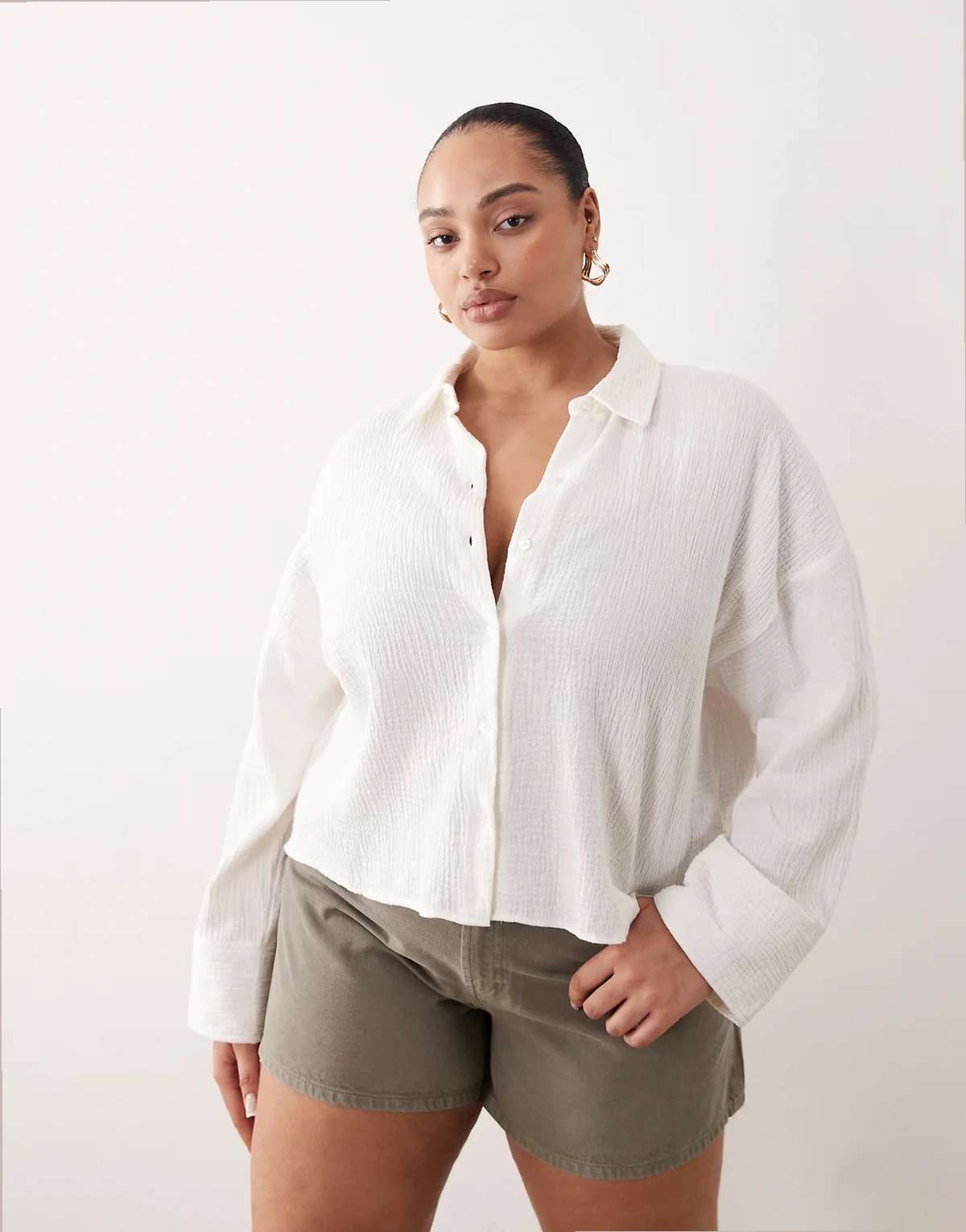 ASOS DESIGN Curve – Fakturowana bawełniana koszula o krótkim fasonie w kolorze kości słoniowej