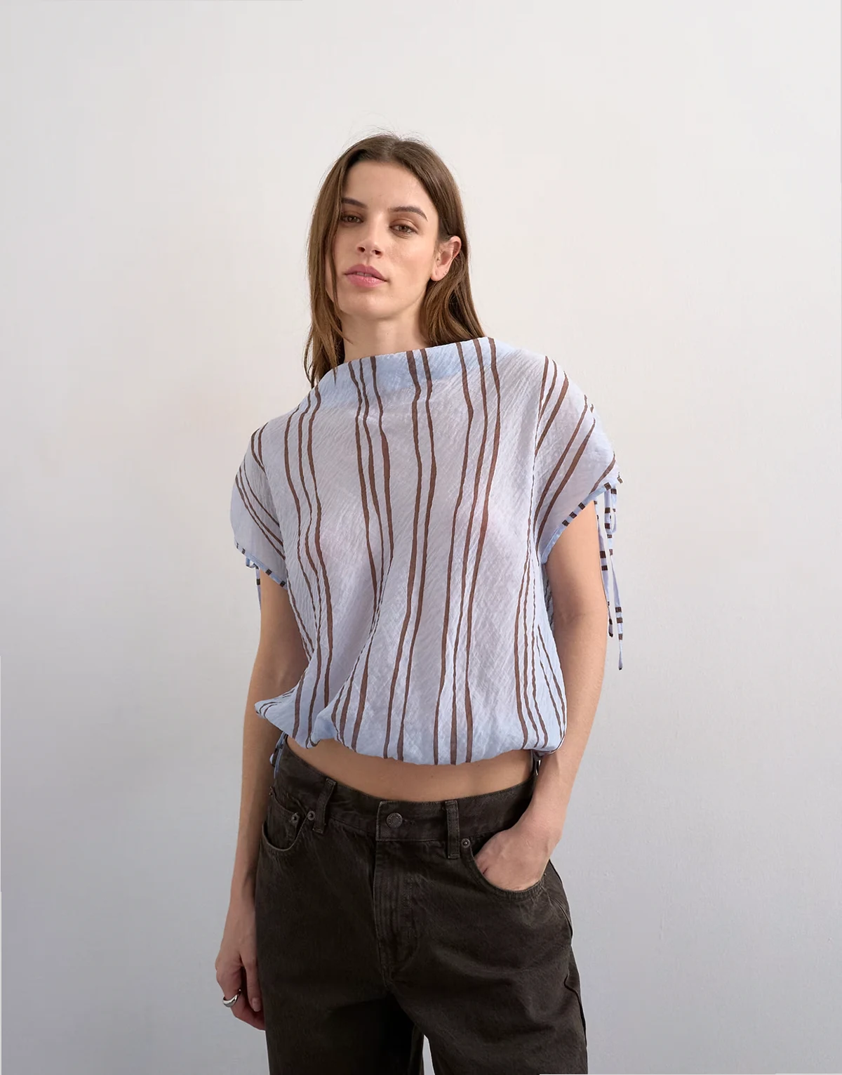 draped high neck top with tie back in blue stripes
