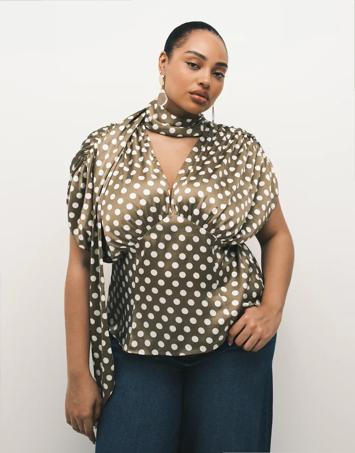 ASOS DESIGN Curve satin scarf and volume detail blouse in polka dot