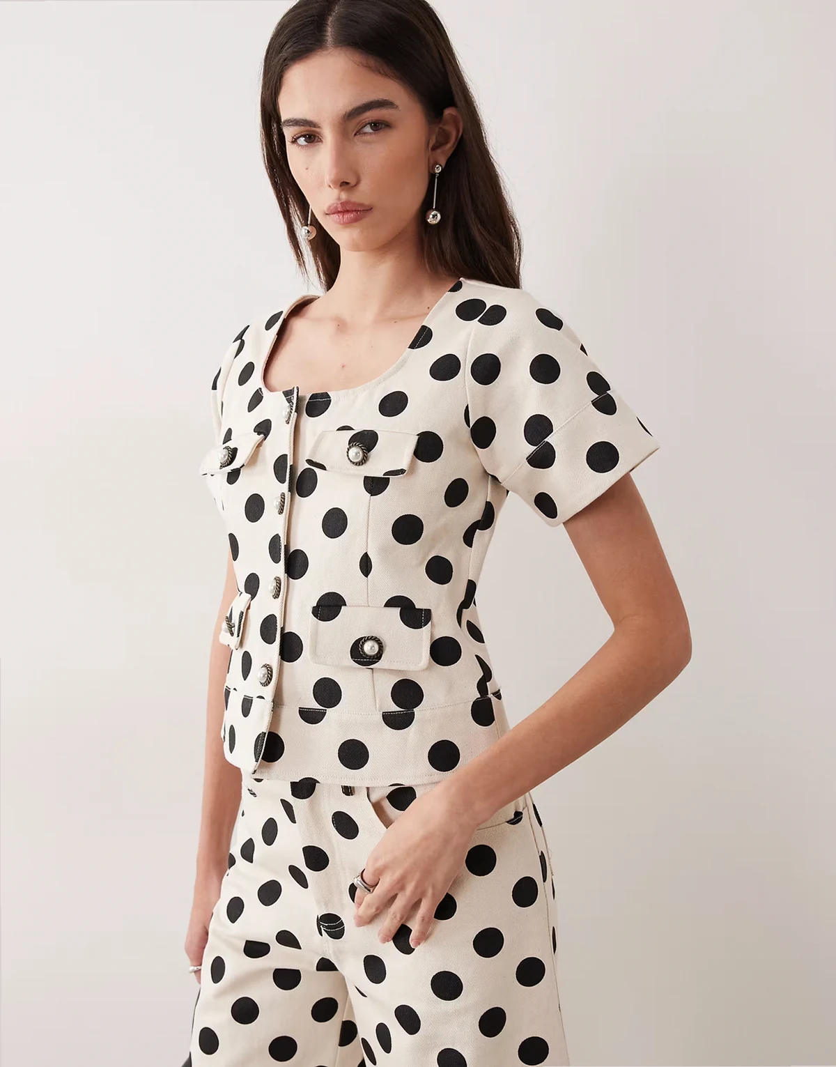 denim polka dot button-up top in ivory - part of a set