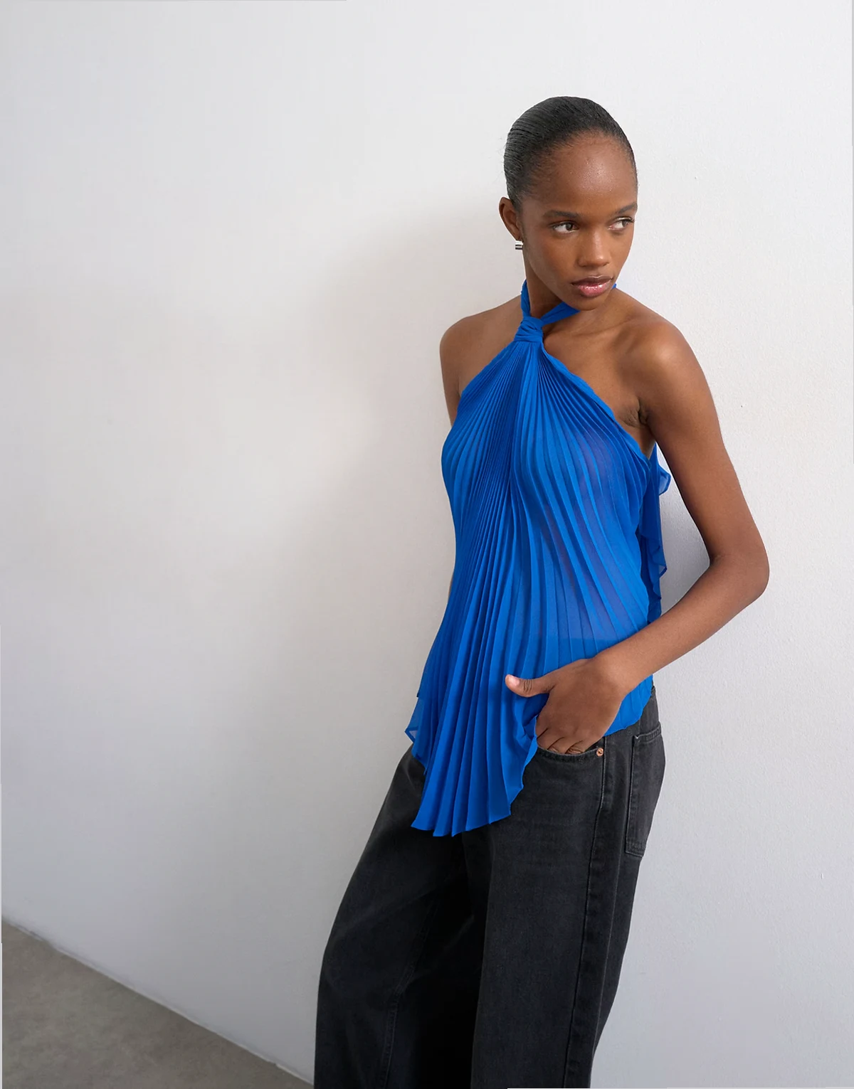 knot halter top with pleated fabric in cobalt blue