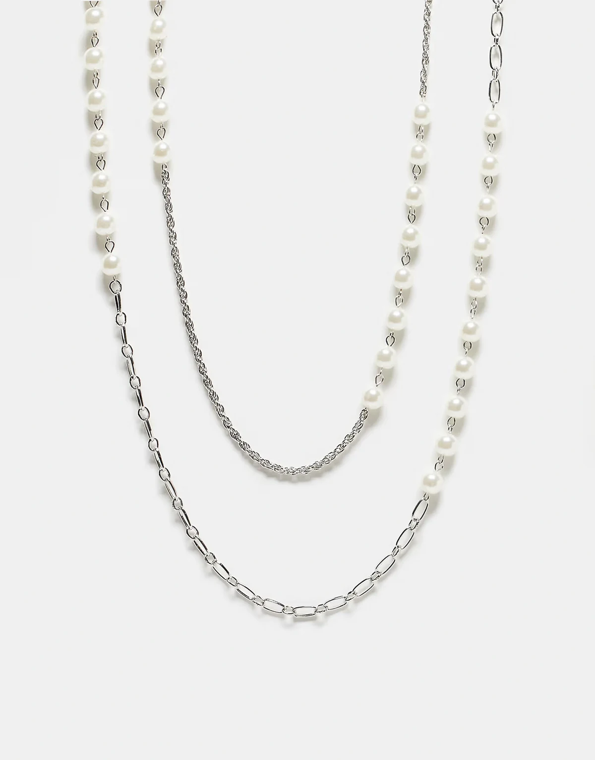 Unisex layered 2-pack layered row necklaces with pearls in silver