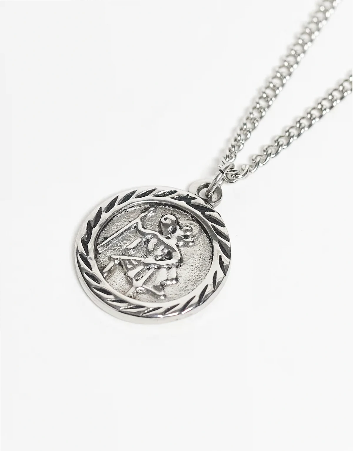 Unisex stainless steel waterproof St Christopher pendant necklace in burnished silver tone