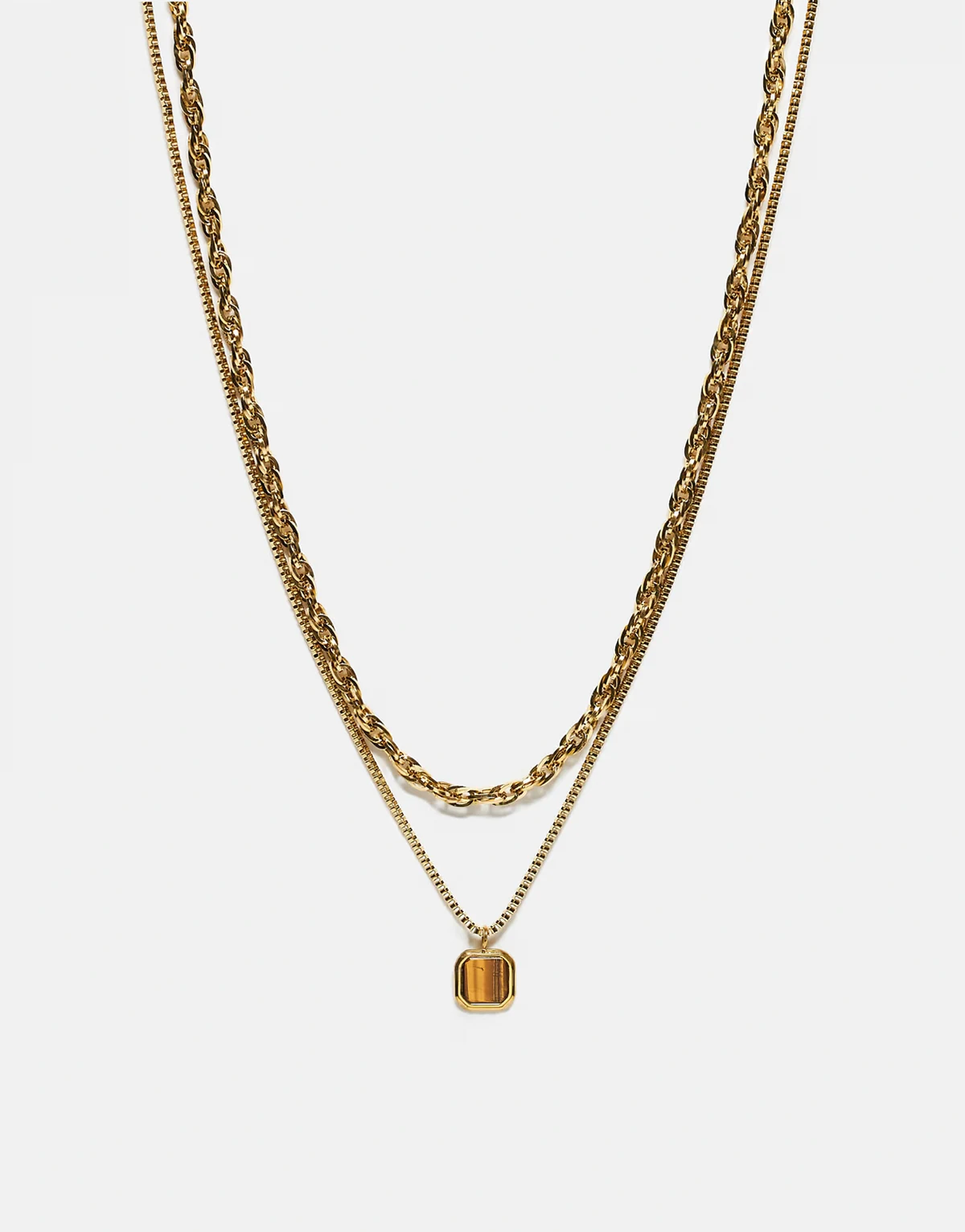 waterproof stainless steel 2 pack chain necklace with square semi-precious tigers eye pendant in gold tone