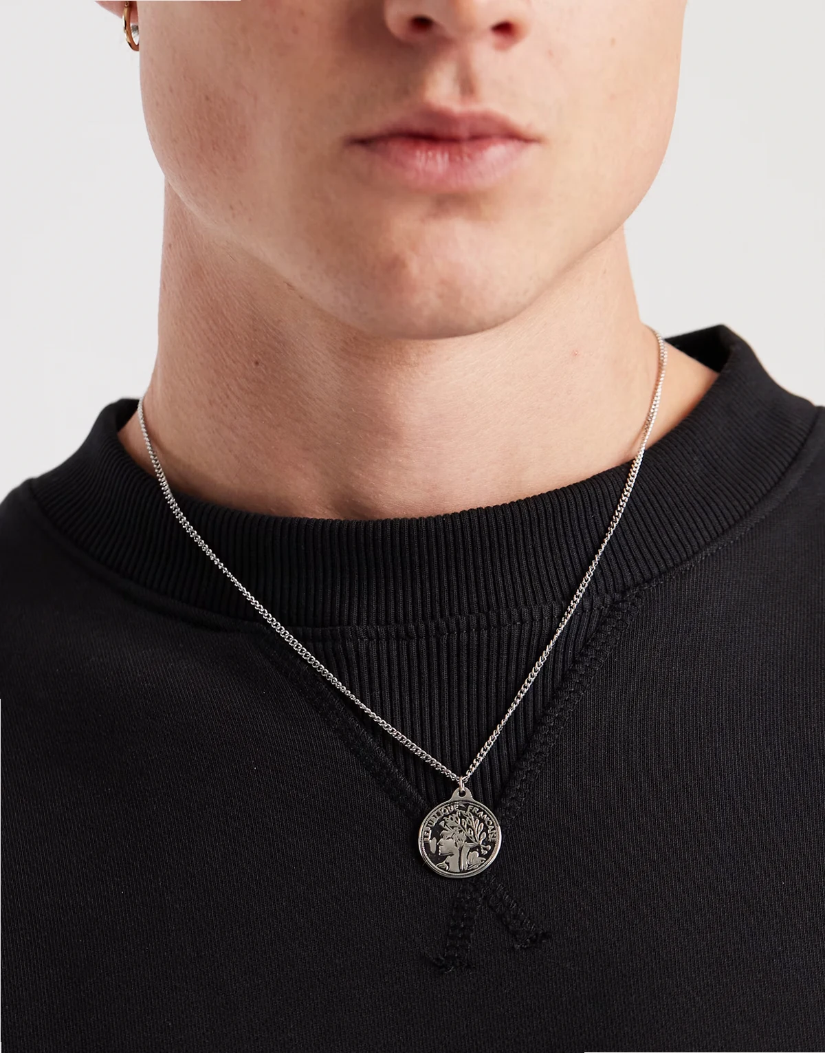 waterproof stainless steel coin pendant necklace in burnished silver