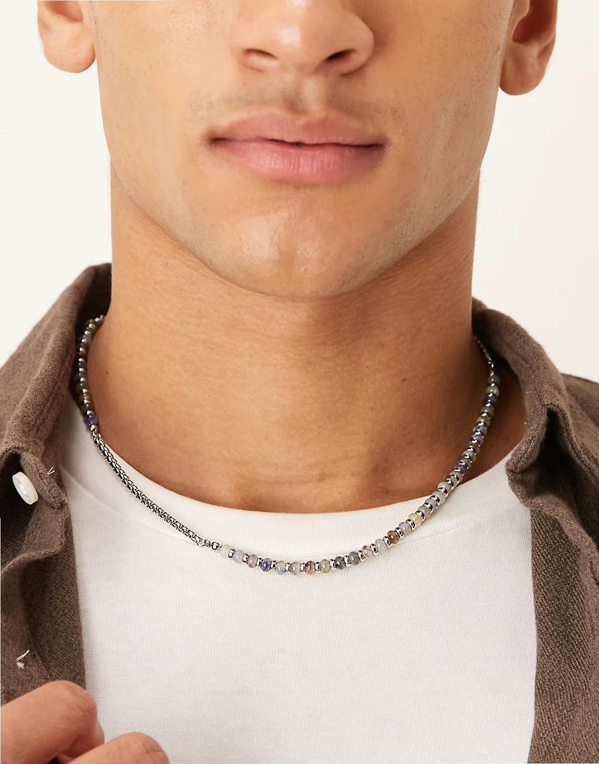 half and half chain and bead necklace in silver